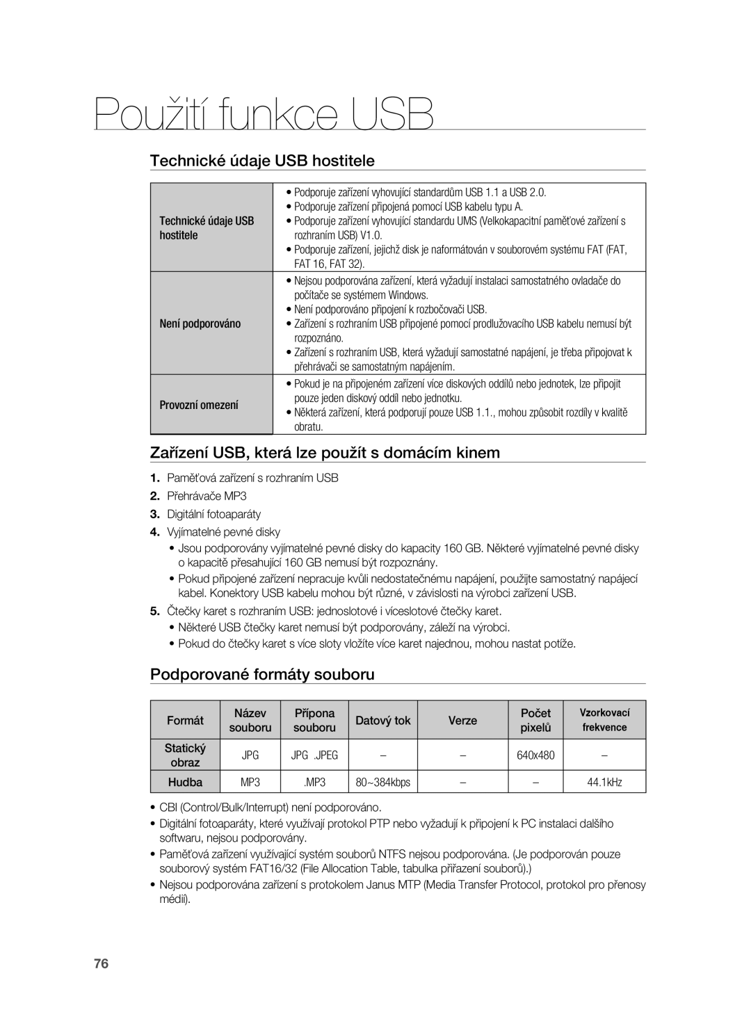 Samsung HT-BD7255R/EDC manual Technické údaje USB hostitele, Zařízení USB, která lze použít s domácím kinem 