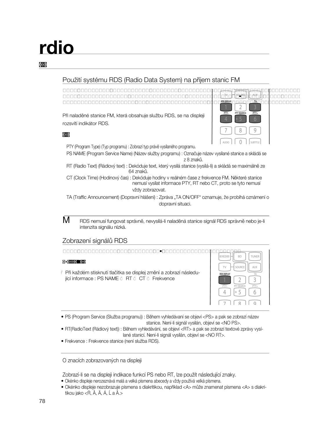 Samsung HT-BD7255R/EDC manual Vysílání RDS, Použití systému RDS Radio Data System na příjem stanic FM, Popis funkce RDS 