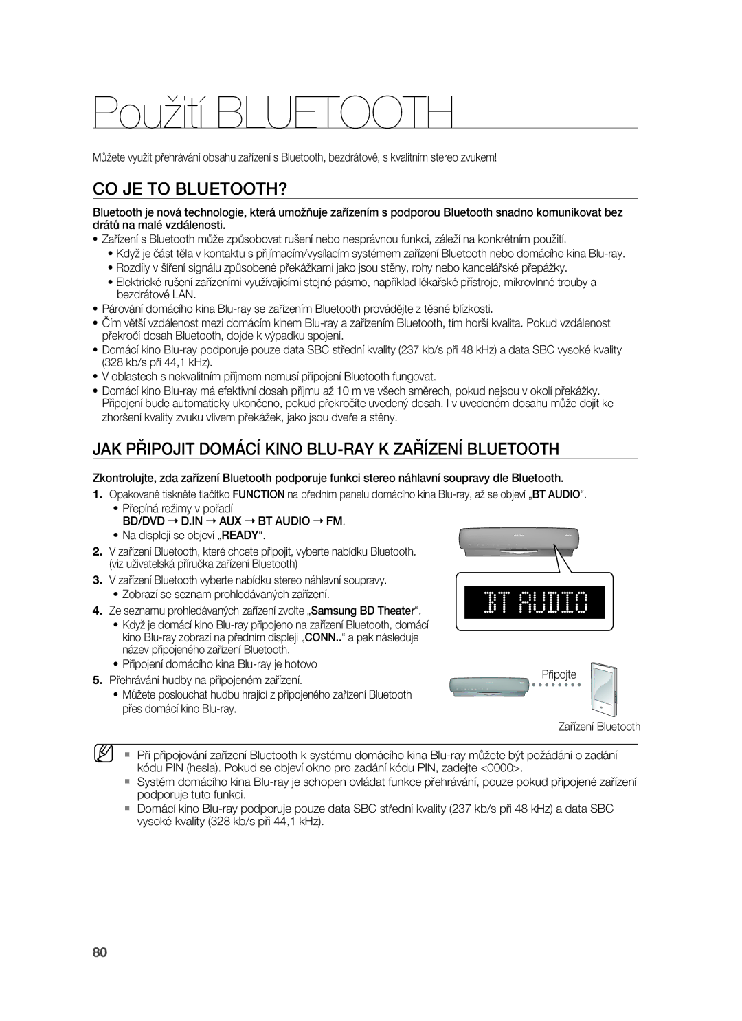 Samsung HT-BD7255R/EDC manual Použití Bluetooth, CO JE to BLUETOOTH?, JAK Připojit Domácí Kino BLU-RAY K Zařízení Bluetooth 