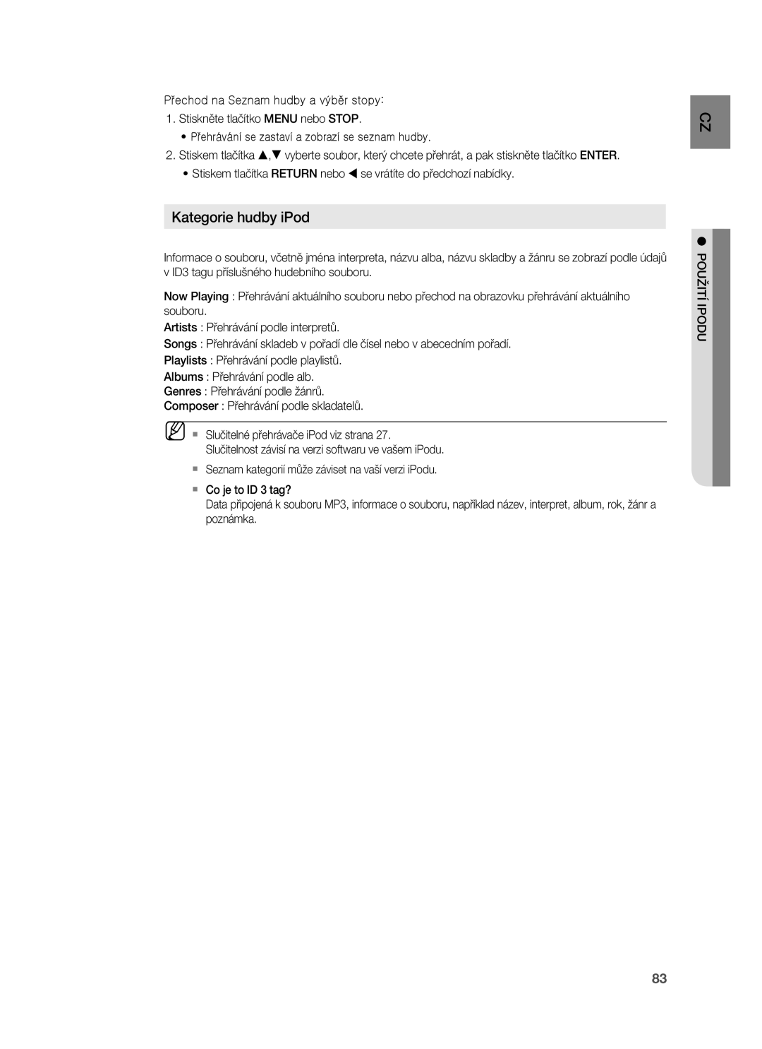 Samsung HT-BD7255R/EDC manual Kategorie hudby iPod, Použití Ipodu 