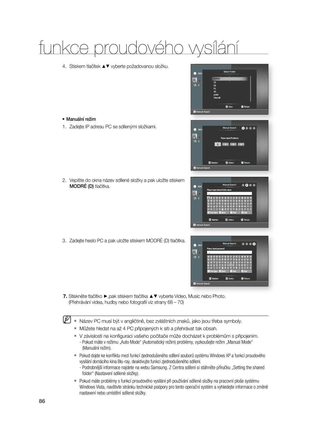 Samsung HT-BD7255R/EDC manual Zadejte heslo PC a pak uložte stiskem Modré D tlačítka, C D E F G H I J K L M N O P 