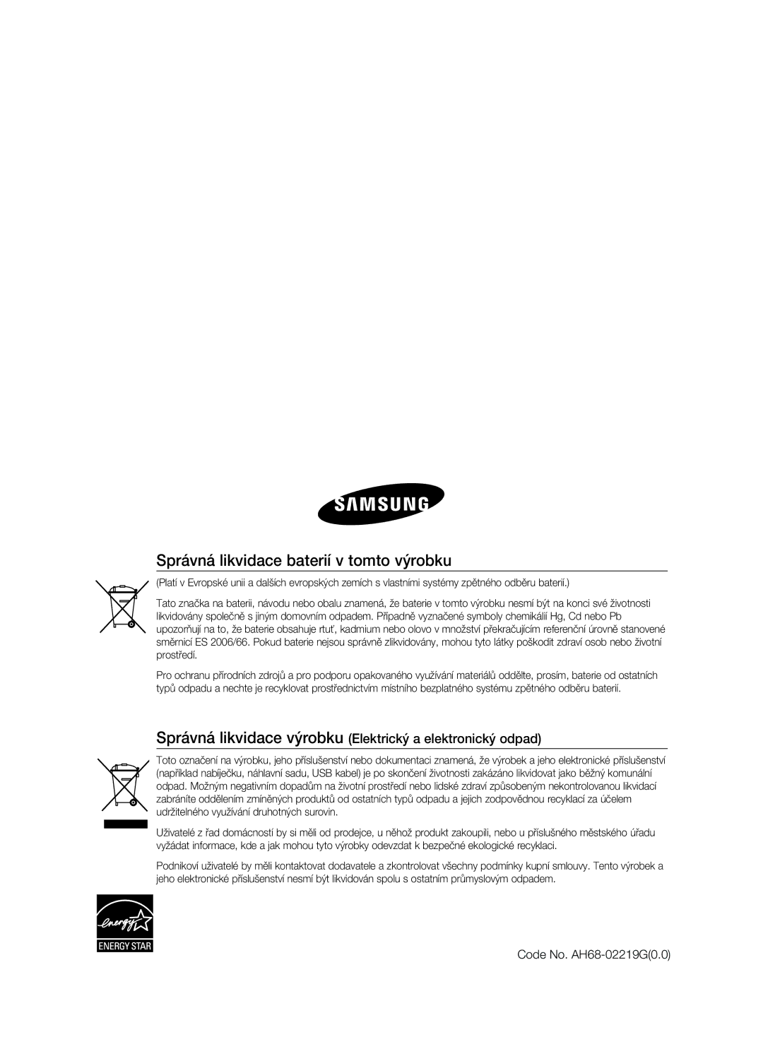 Samsung HT-BD7255R/EDC manual Správná likvidace baterií v tomto výrobku, Code No. AH68-02219G0.0 