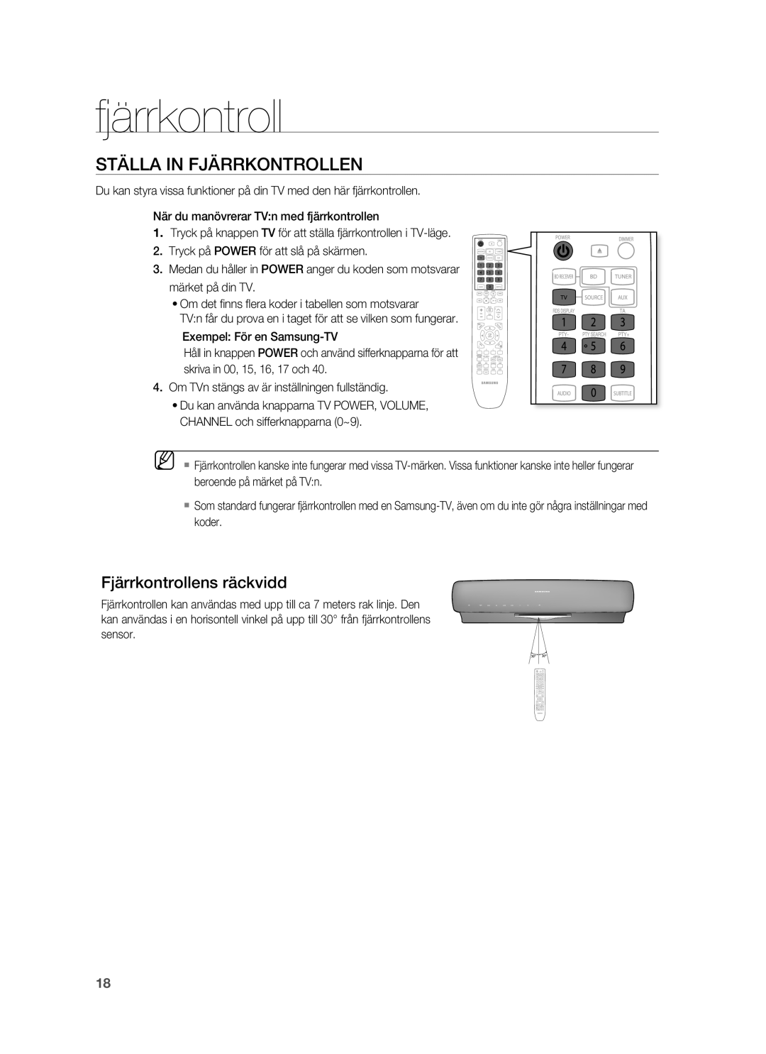 Samsung HT-BD7255R/XEE Ställa in Fjärrkontrollen, Fjärrkontrollens räckvidd, Om TVn stängs av är inställningen fullständig 