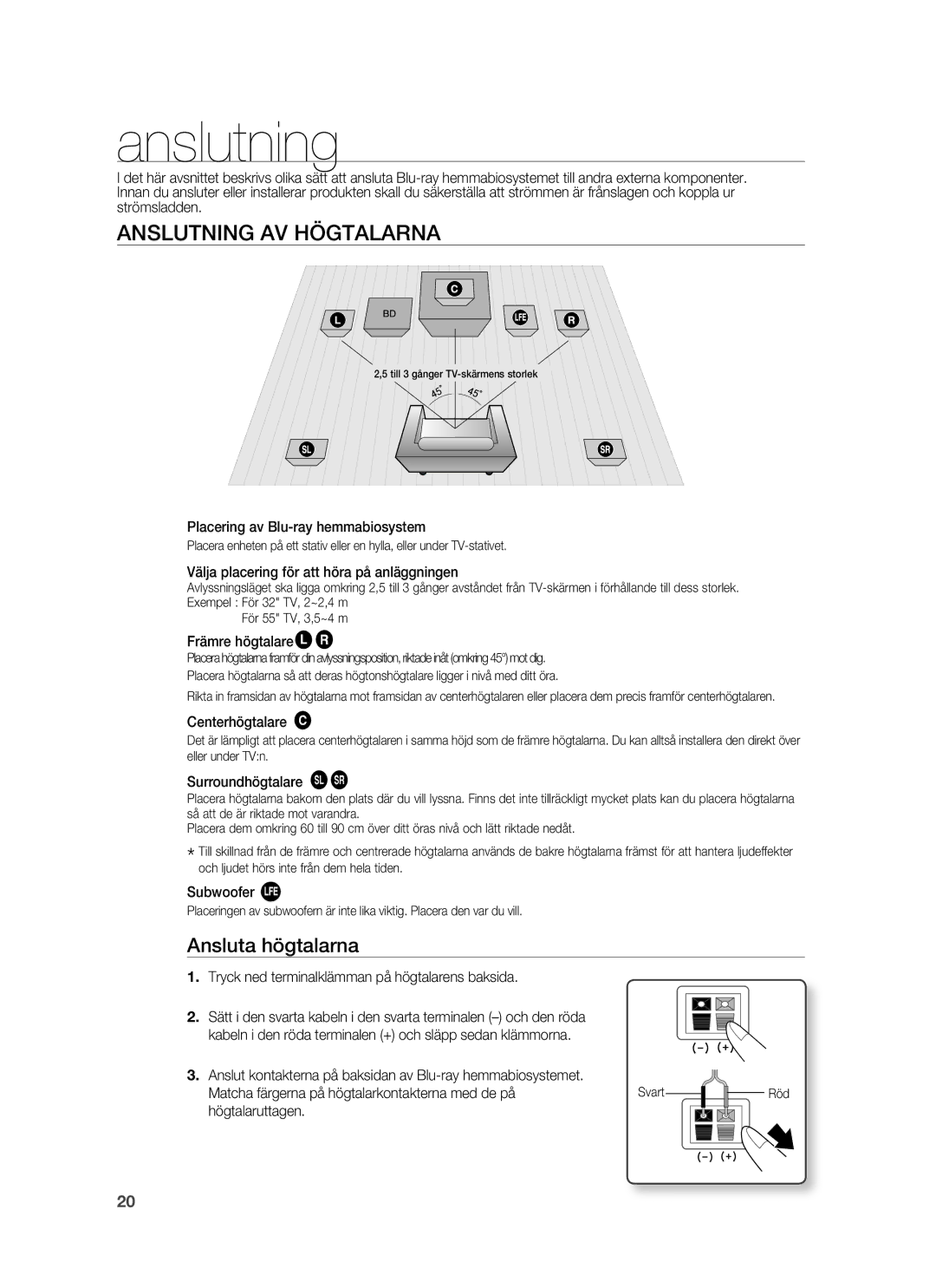 Samsung HT-BD7255R/XEE manual Anslutning AV Högtalarna, Ansluta högtalarna 