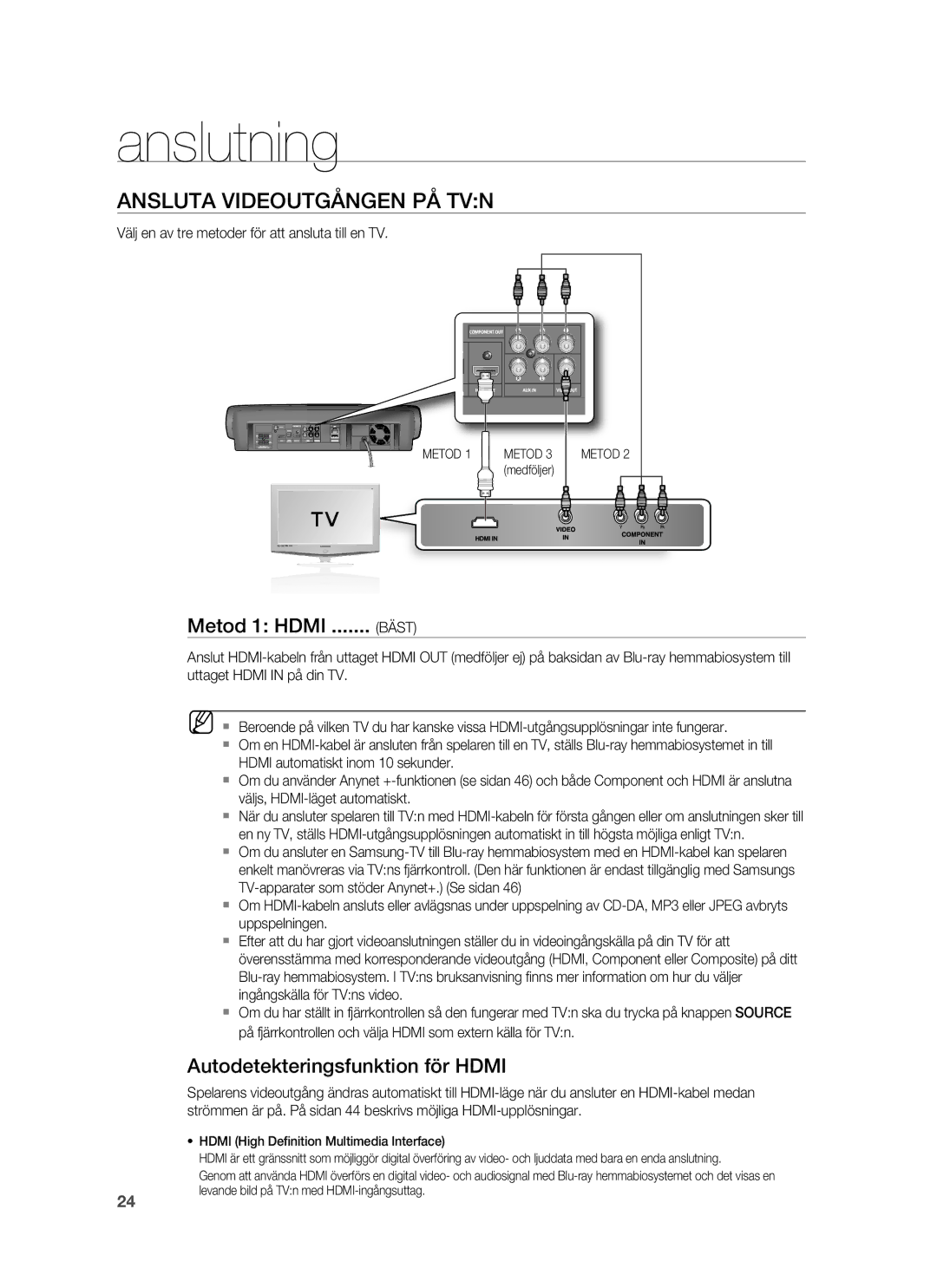 Samsung HT-BD7255R/XEE manual Ansluta Videoutgången PÅ TVN, Metod 1 Hdmi, Autodetekteringsfunktion för Hdmi, Bäst 