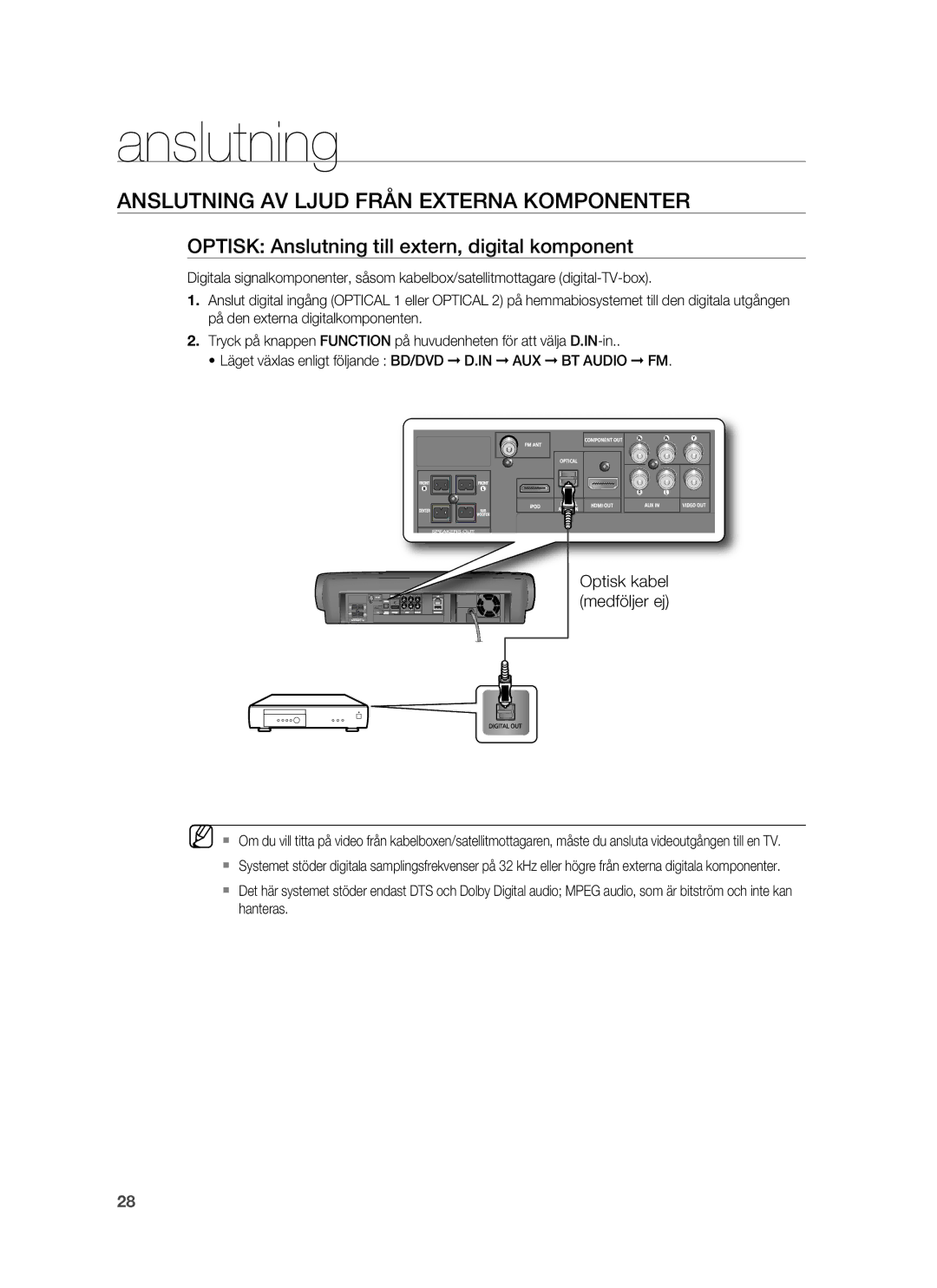 Samsung HT-BD7255R/XEE manual Anslutning AV Ljud Från Externa Komponenter, Optisk Anslutning till extern, digital komponent 