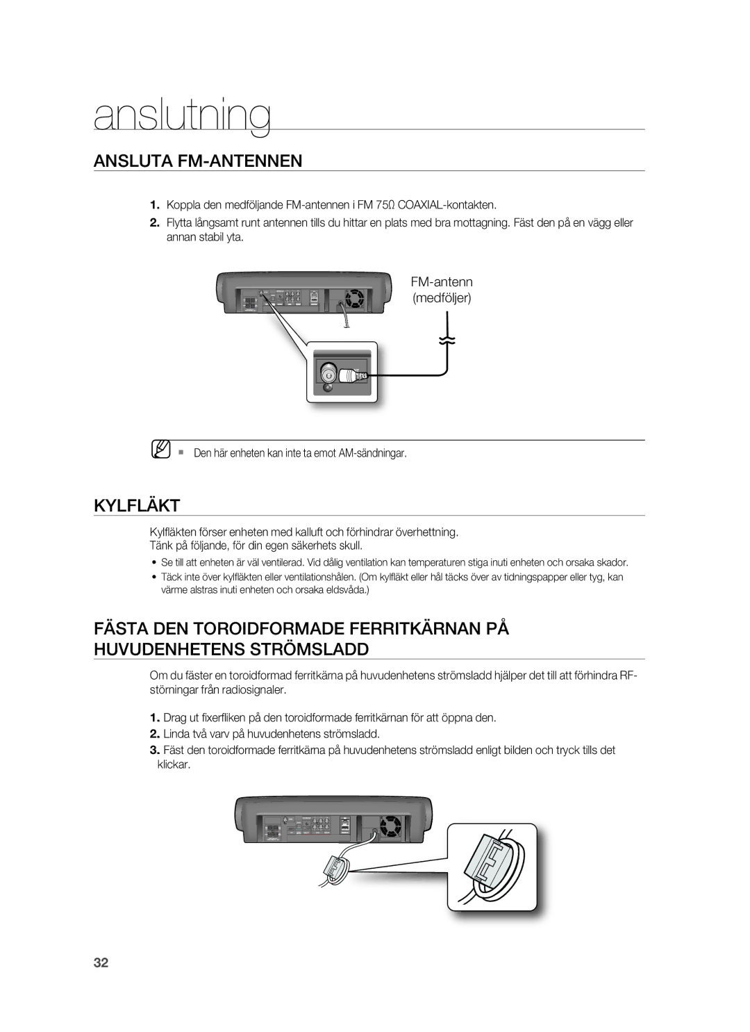 Samsung HT-BD7255R/XEE manual Ansluta FM-ANTENNEN, Kylfläkt, FM-antenn medföljer 