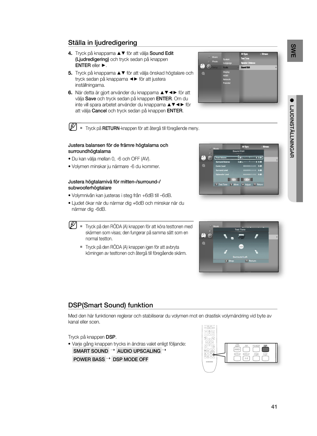 Samsung HT-BD7255R/XEE manual DSPSmart Sound funktion, Smart Sound Audio Upscaling Power Bass DSP Mode OFF 