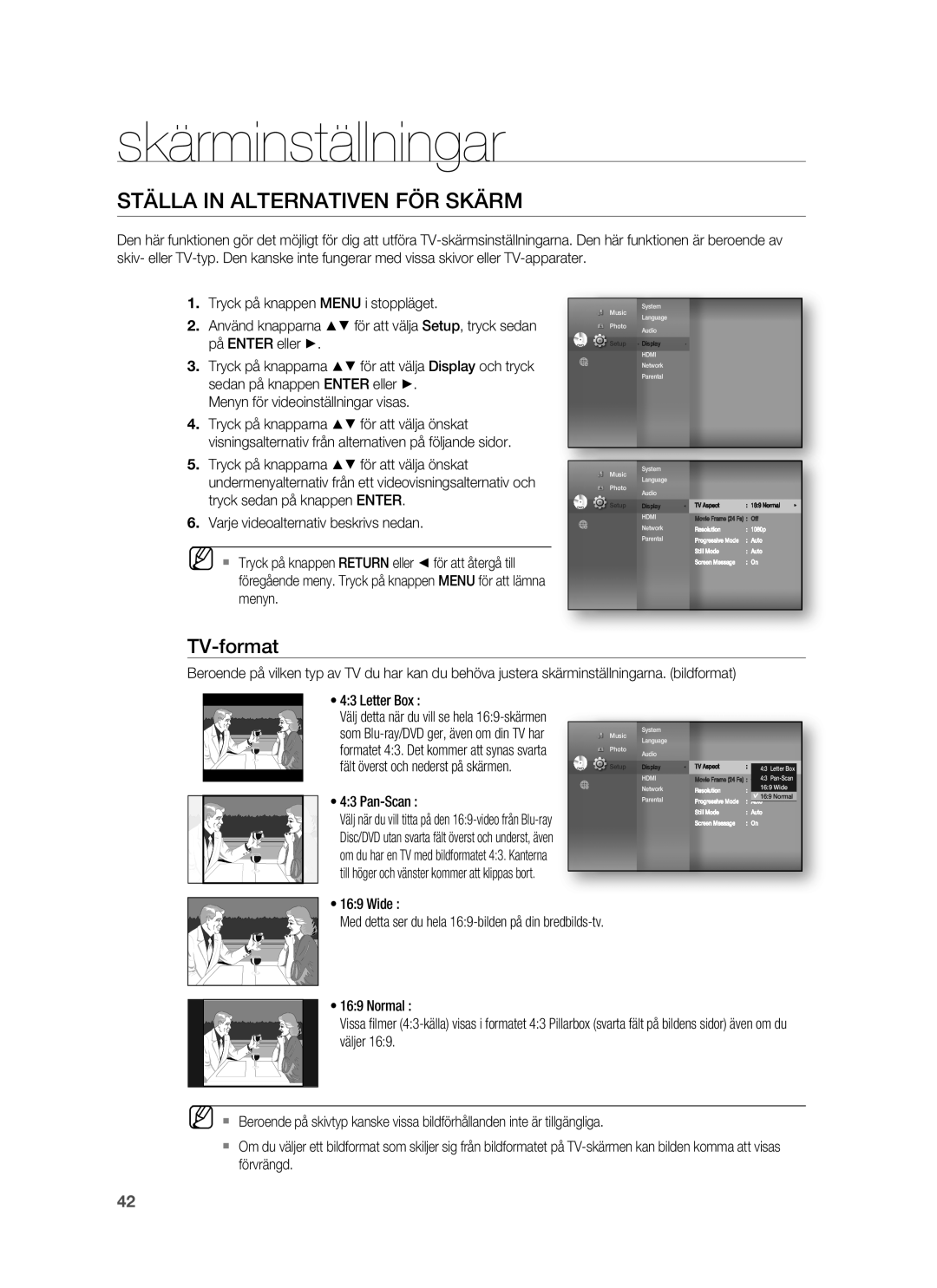 Samsung HT-BD7255R/XEE manual Skärminställningar, Ställa in Alternativen FÖR Skärm, TV-format, Pan-Scan, Väljer 