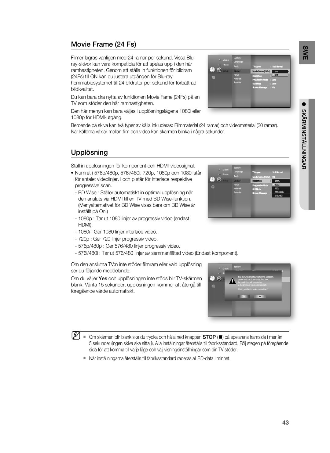 Samsung HT-BD7255R/XEE manual Movie Frame 24 Fs, Upplösning, Skärminställningar 