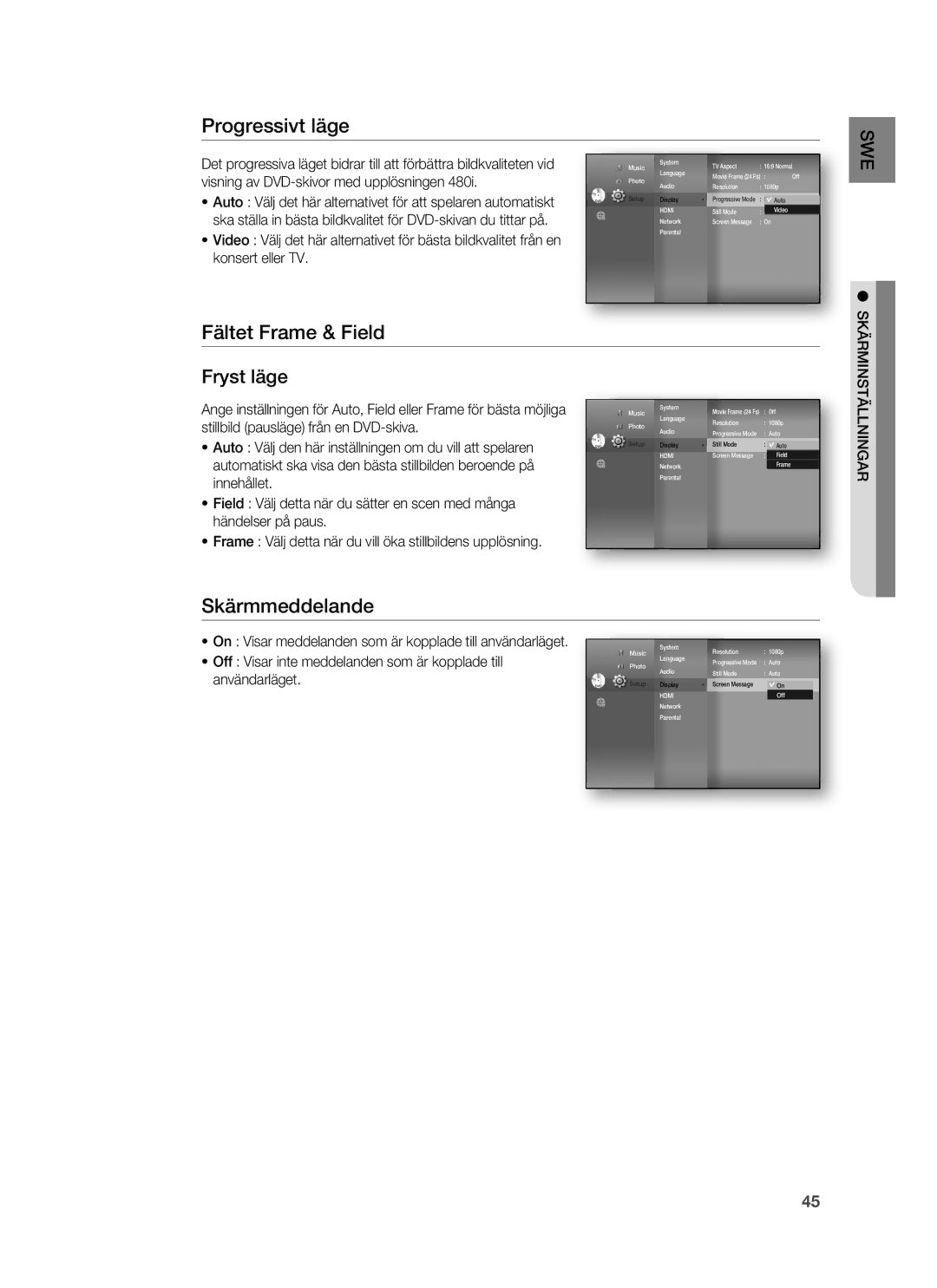 Samsung HT-BD7255R/XEE manual Skärmmeddelande, Visning av DVD-skivor med upplösningen, Stillbild pausläge från en DVD-skiva 