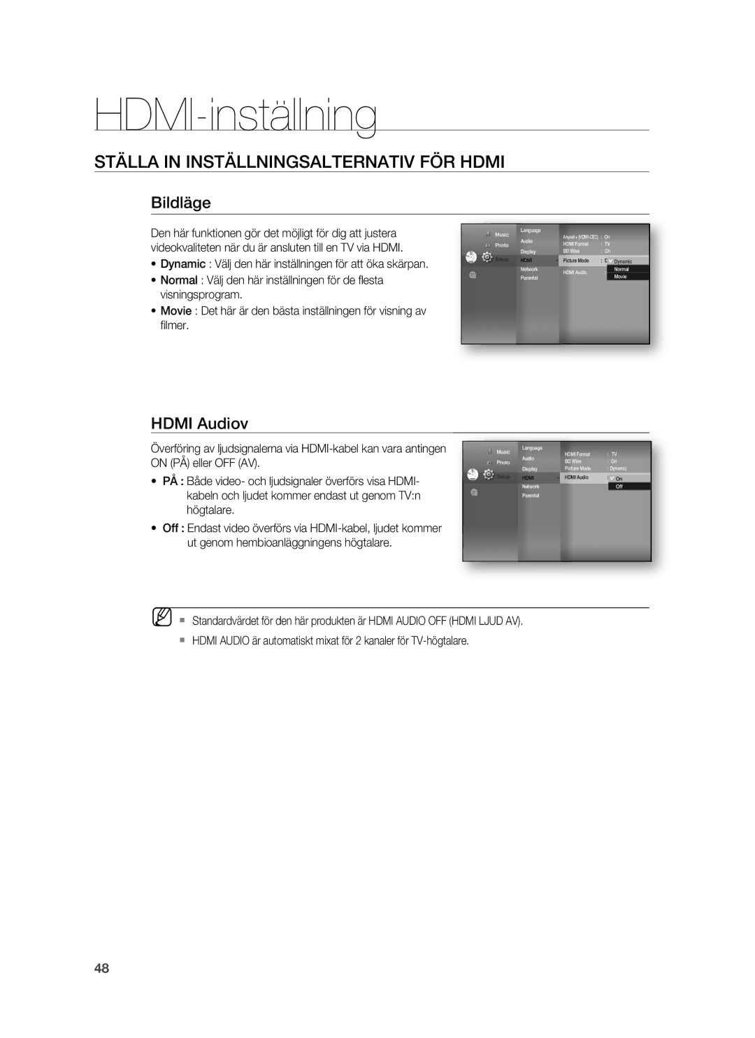 Samsung HT-BD7255R/XEE manual Bildläge, Hdmi Audiov, Kabeln och ljudet kommer endast ut genom TVn Högtalare 