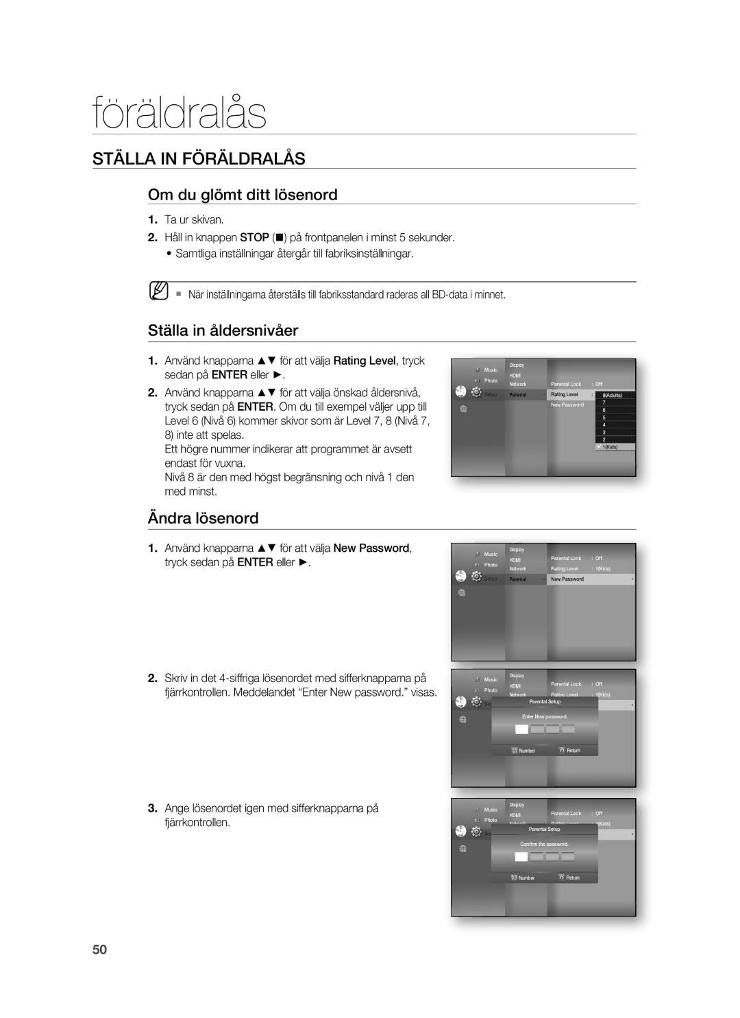 Samsung HT-BD7255R/XEE manual Om du glömt ditt lösenord, Ställa in åldersnivåer, Ändra lösenord 