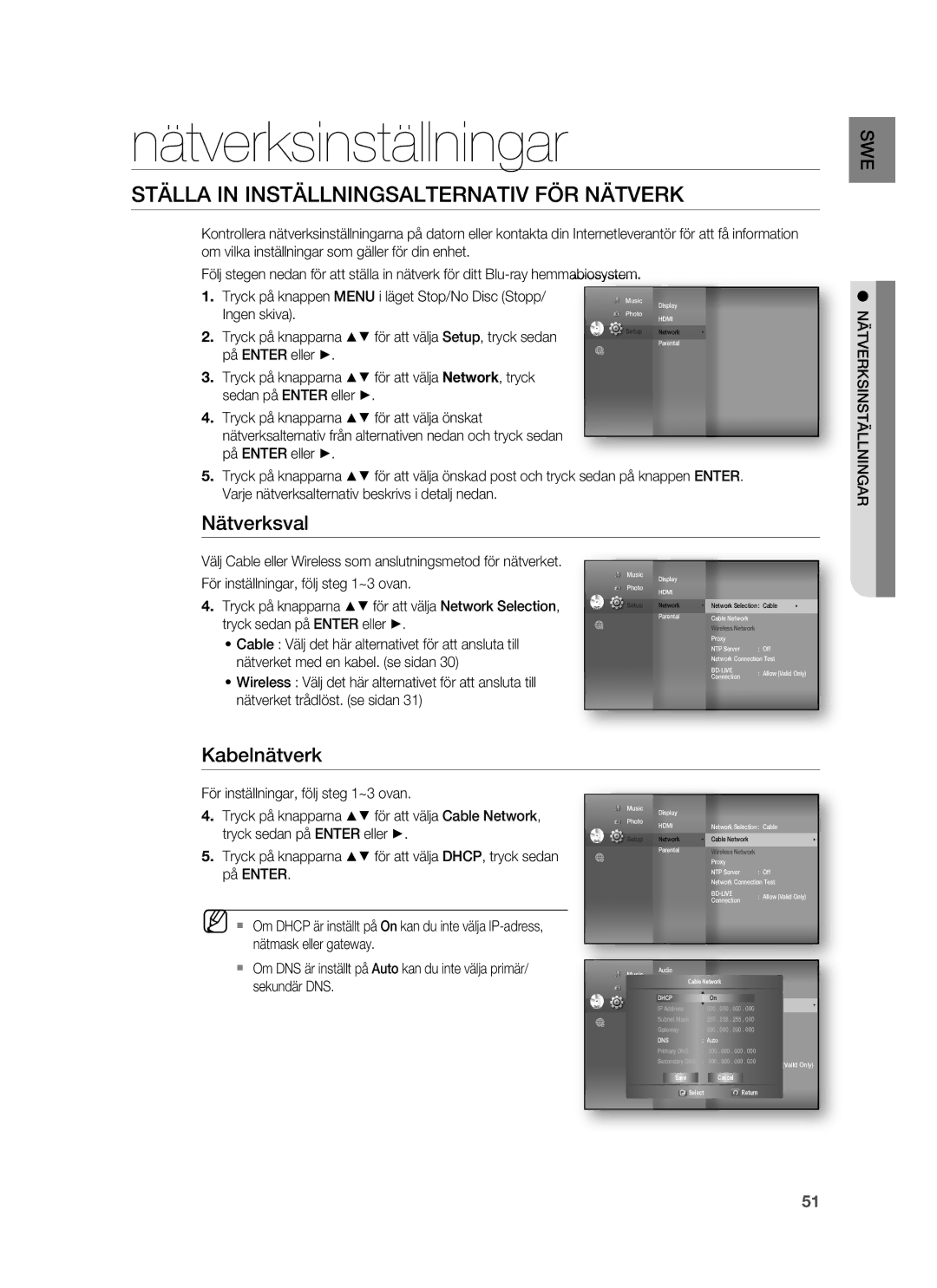 Samsung HT-BD7255R/XEE Nätverksinställningar, Ställa in Inställningsalternativ FÖR Nätverk, Nätverksval, Kabelnätverk 