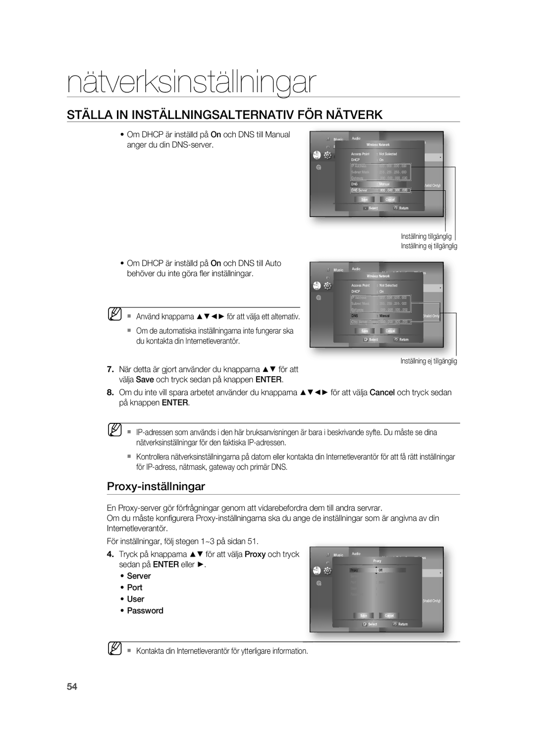 Samsung HT-BD7255R/XEE manual Proxy-inställningar, Server, Port, User, Password 