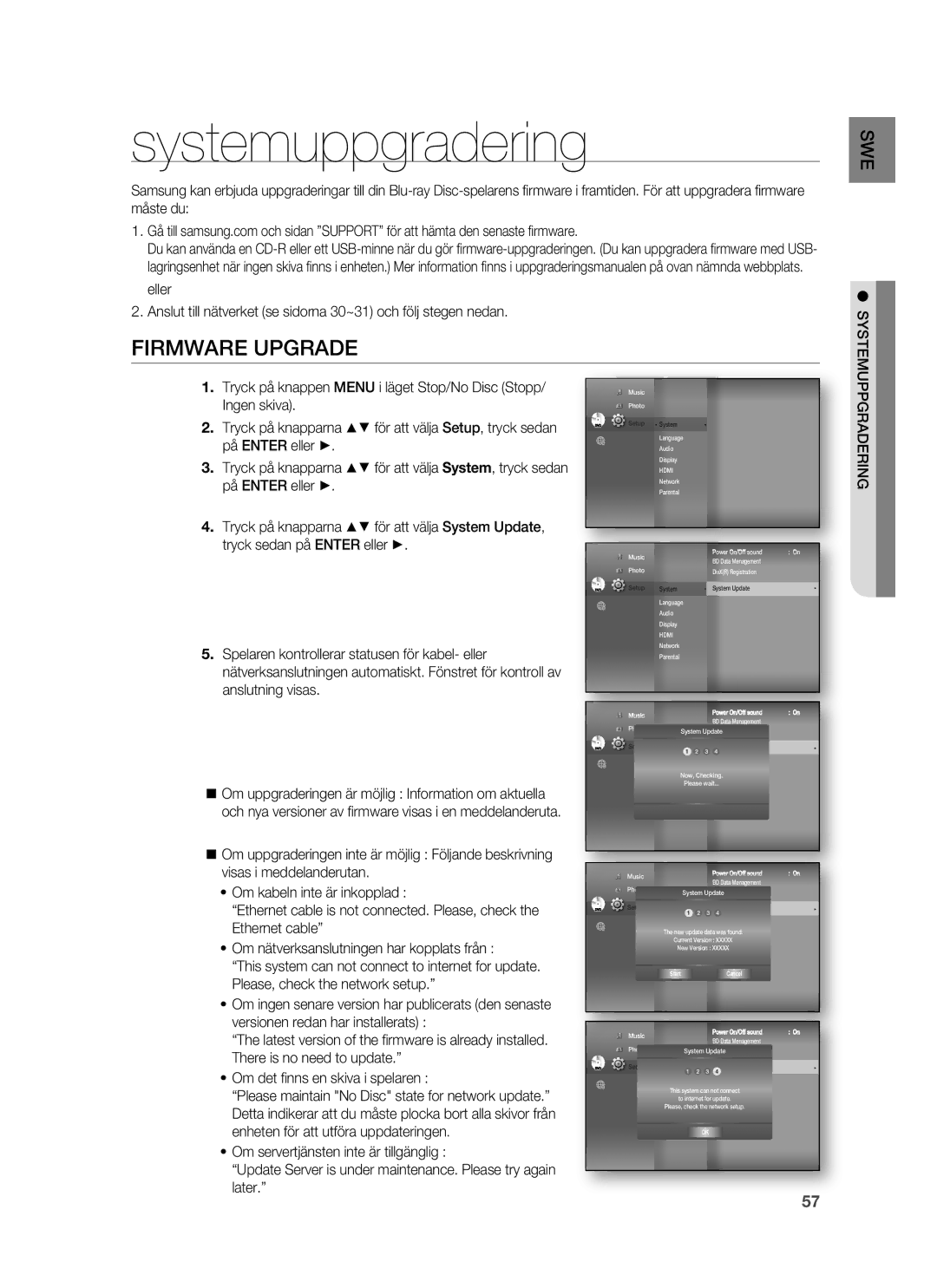 Samsung HT-BD7255R/XEE manual Systemuppgradering, Firmware Upgrade 