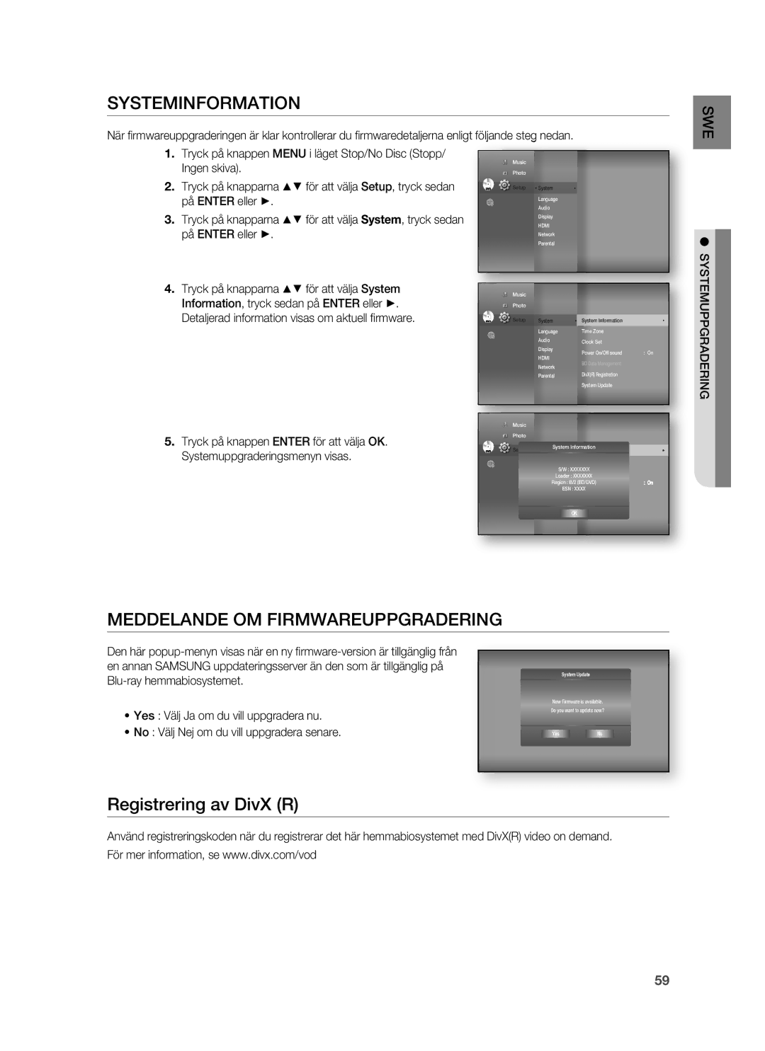 Samsung HT-BD7255R/XEE manual Systeminformation, Meddelande OM Firmwareuppgradering 