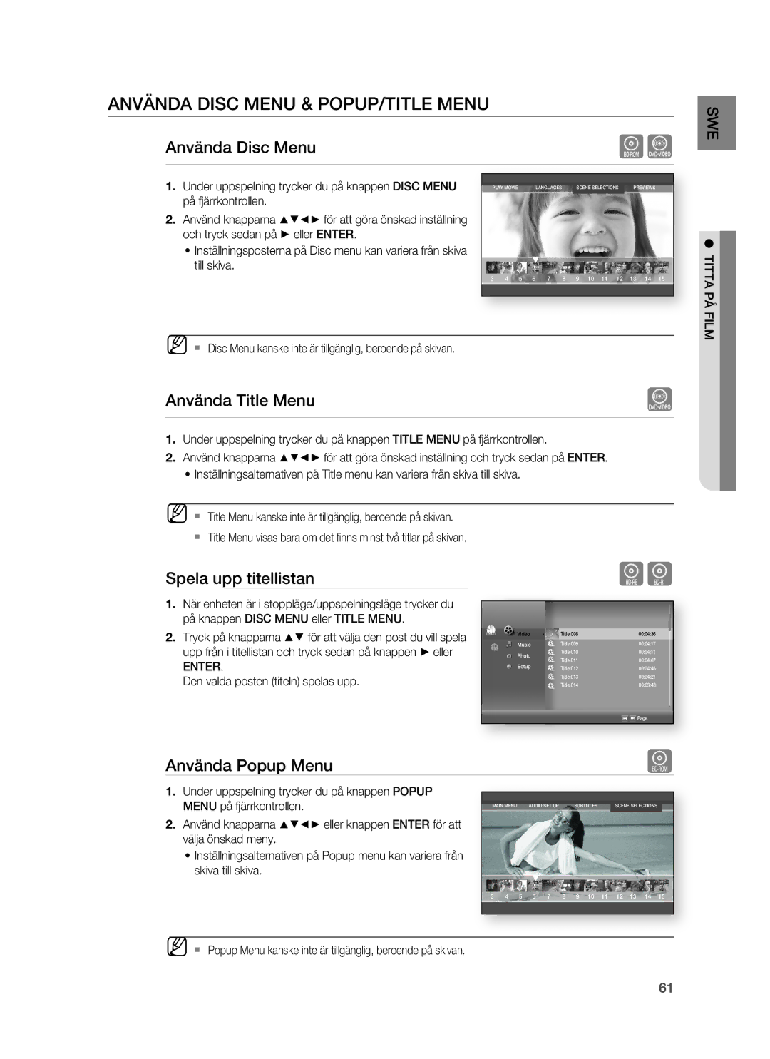 Samsung HT-BD7255R/XEE manual Använda Disc Menu & POPUP/TITLE Menu, Använda Title Menu, Titta PÅ Film 