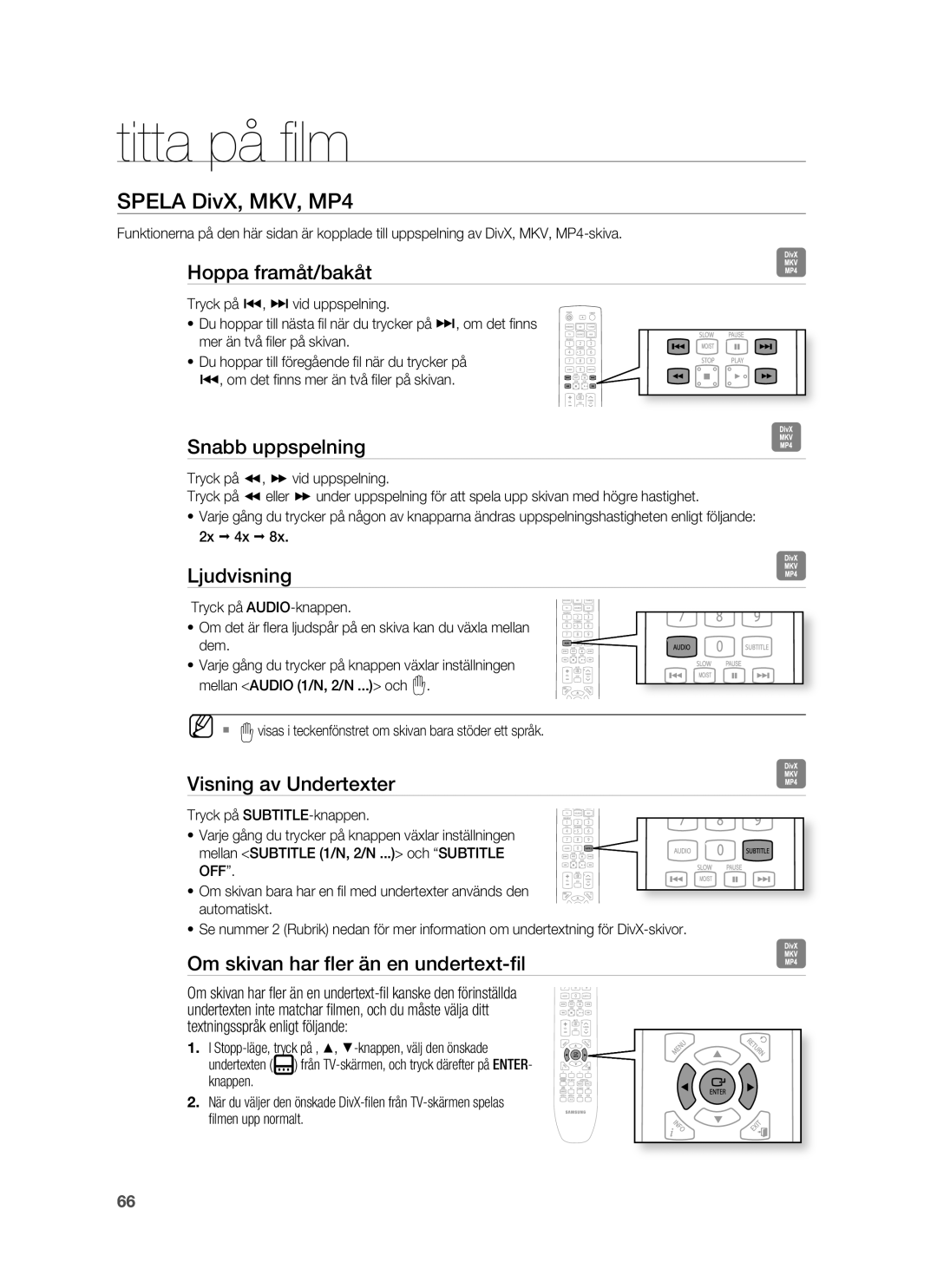 Samsung HT-BD7255R/XEE manual Hoppa framåt/bakåt, Snabb uppspelning, Ljudvisning, Visning av Undertexter 