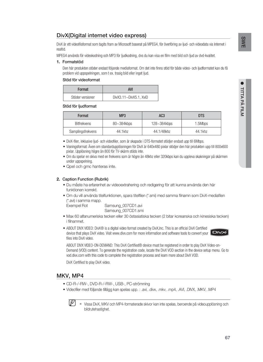 Samsung HT-BD7255R/XEE manual DivXDigital internet video express, Avi, Dts 