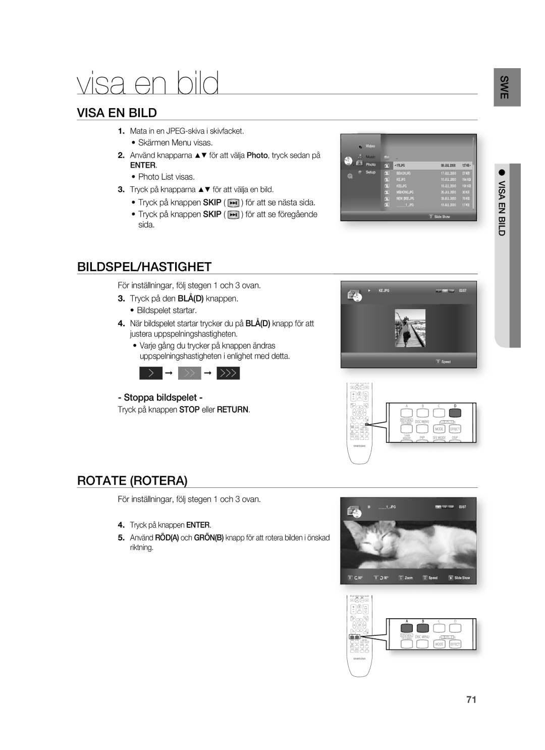 Samsung HT-BD7255R/XEE manual Visa en bild, Visa EN Bild, Bildspel/Hastighet, Rotate Rotera, Stoppa bildspelet 