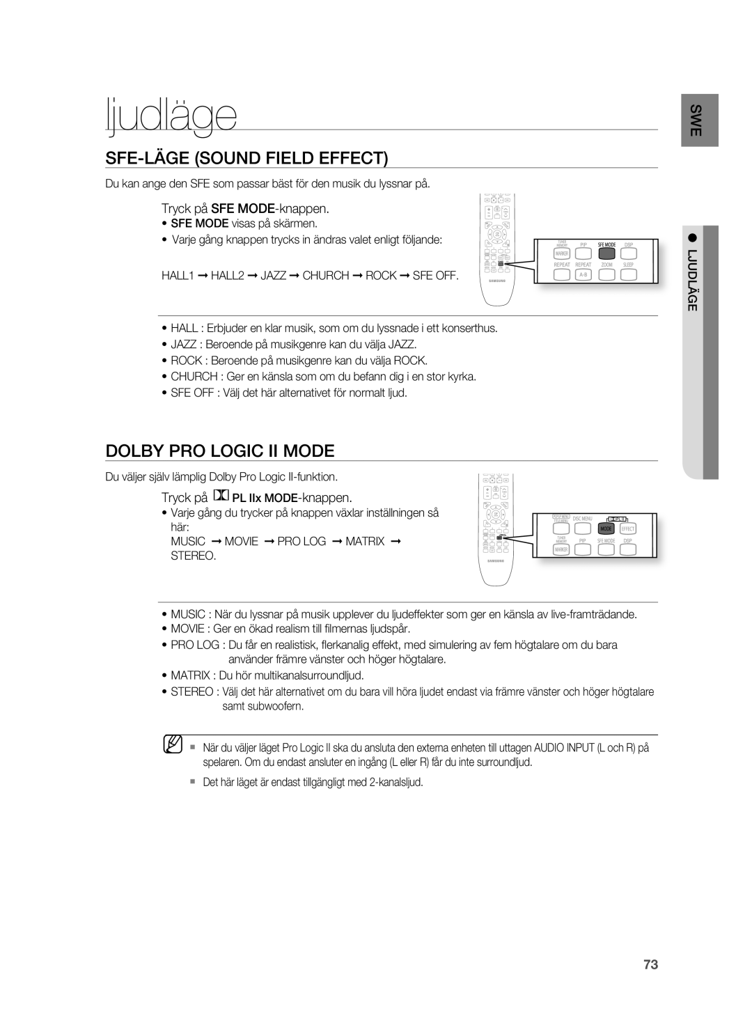 Samsung HT-BD7255R/XEE manual Ljudläge, SFE-LÄGE Sound Field Effect, Dolby PRO Logic II Mode, Tryck på SFE MODE-knappen 