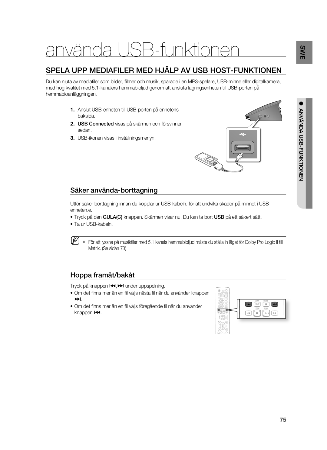 Samsung HT-BD7255R/XEE manual Använda USB-funktionen, Spela UPP Mediafiler MED Hjälp AV USB HOST-FUNKTIONEN 