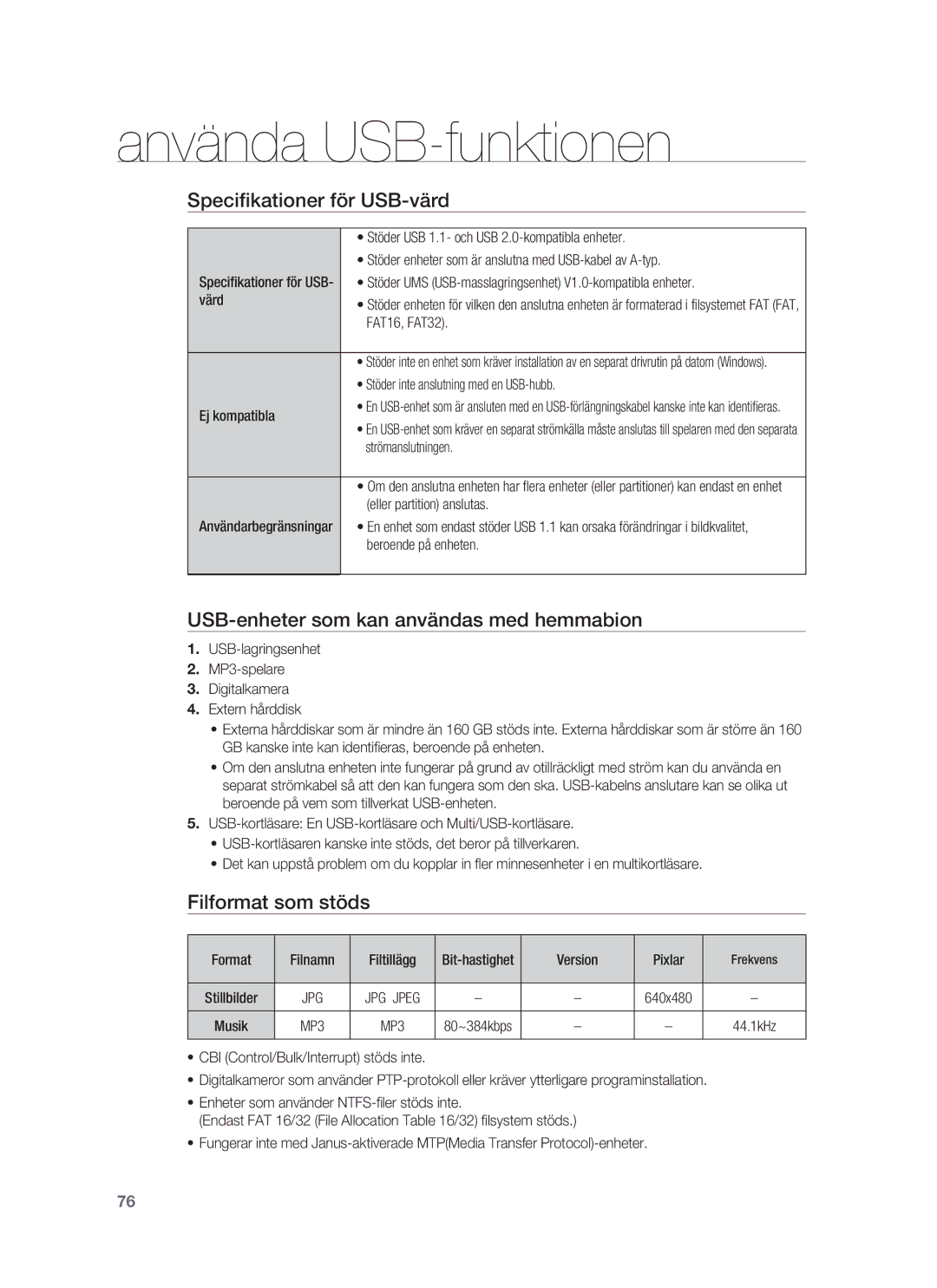 Samsung HT-BD7255R/XEE manual Speciﬁkationer för USB-värd, USB-enheter som kan användas med hemmabion, Filformat som stöds 