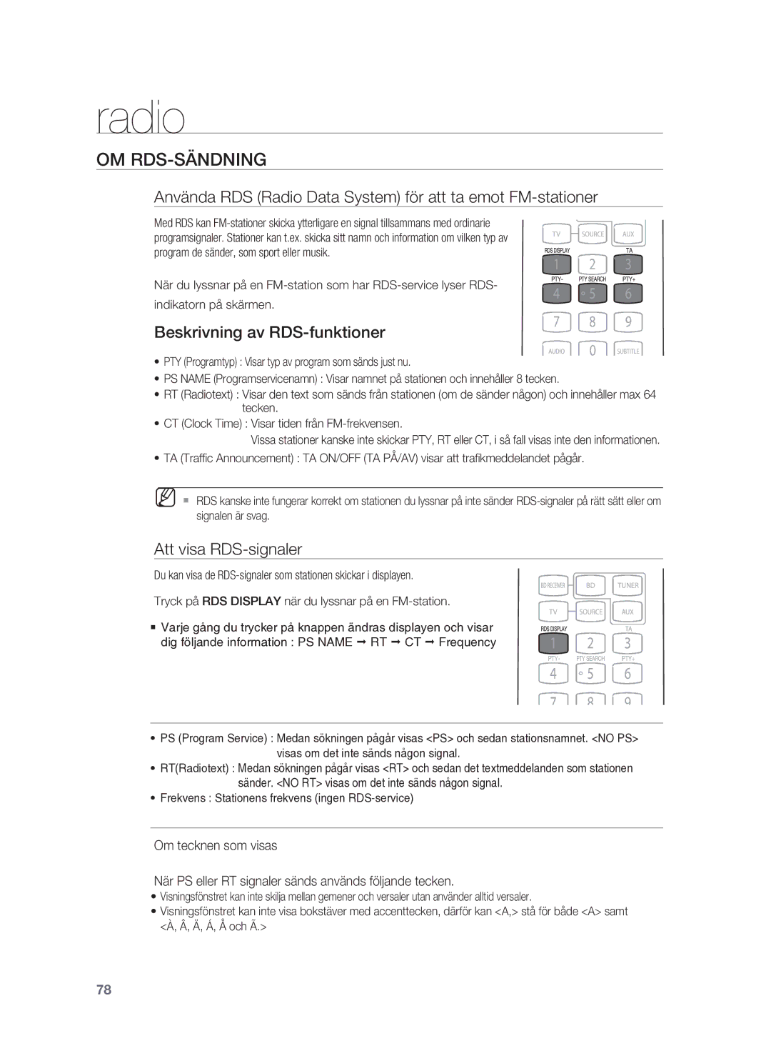 Samsung HT-BD7255R/XEE Om Rds-Sändning, Använda RDS Radio Data System för att ta emot FM-stationer, Att visa RDS-signaler 