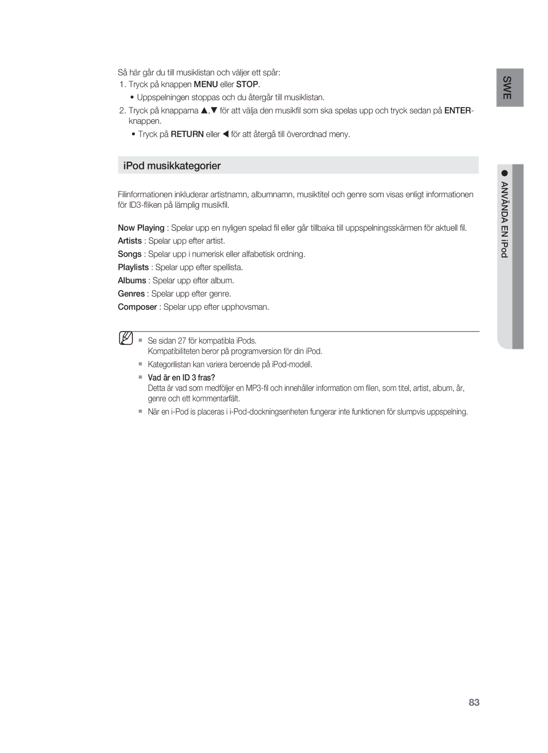 Samsung HT-BD7255R/XEE manual IPod musikkategorier, Använda EN iPod 