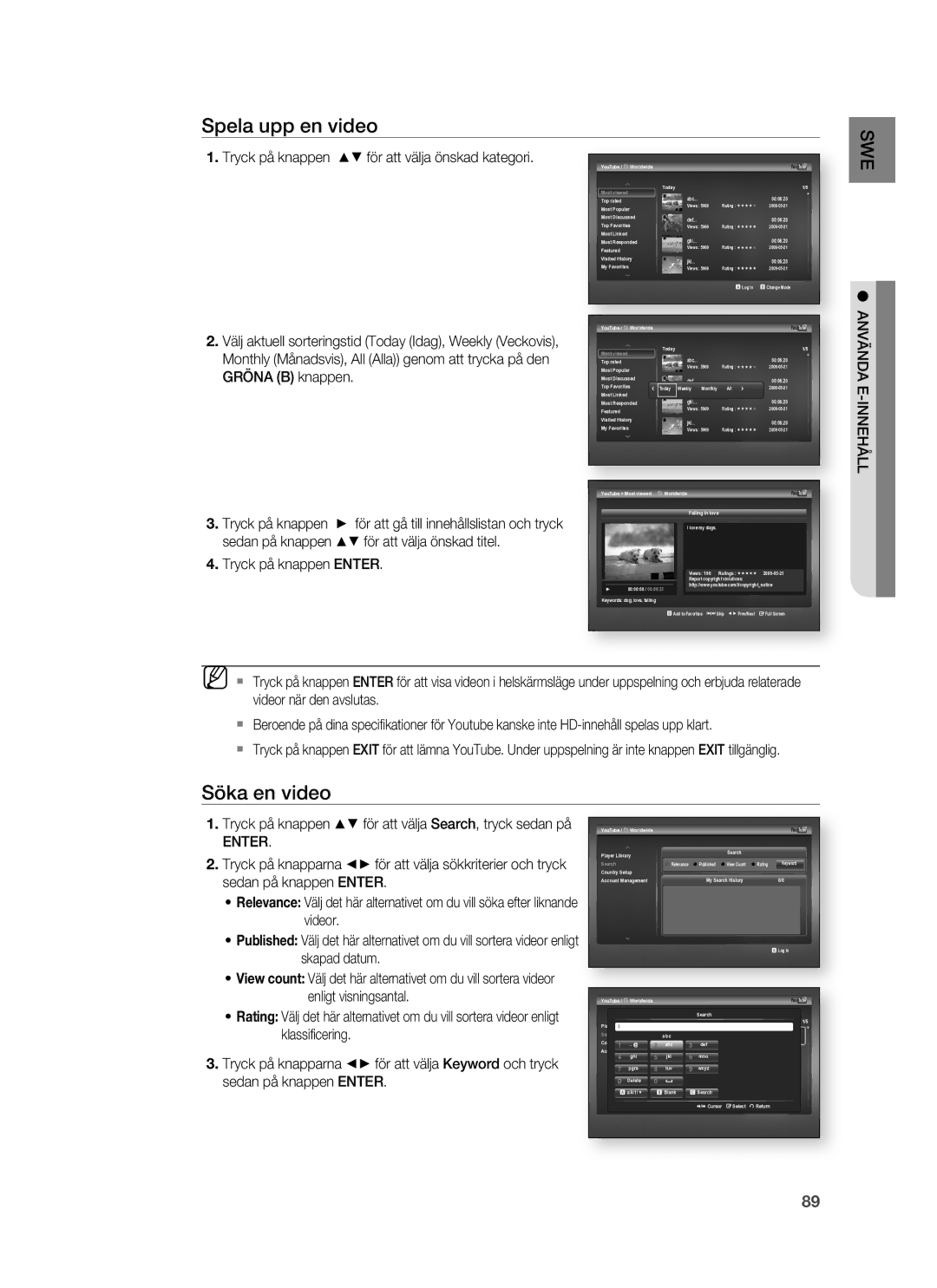 Samsung HT-BD7255R/XEE manual Spela upp en video, Söka en video, Tryck på knappen Enter 