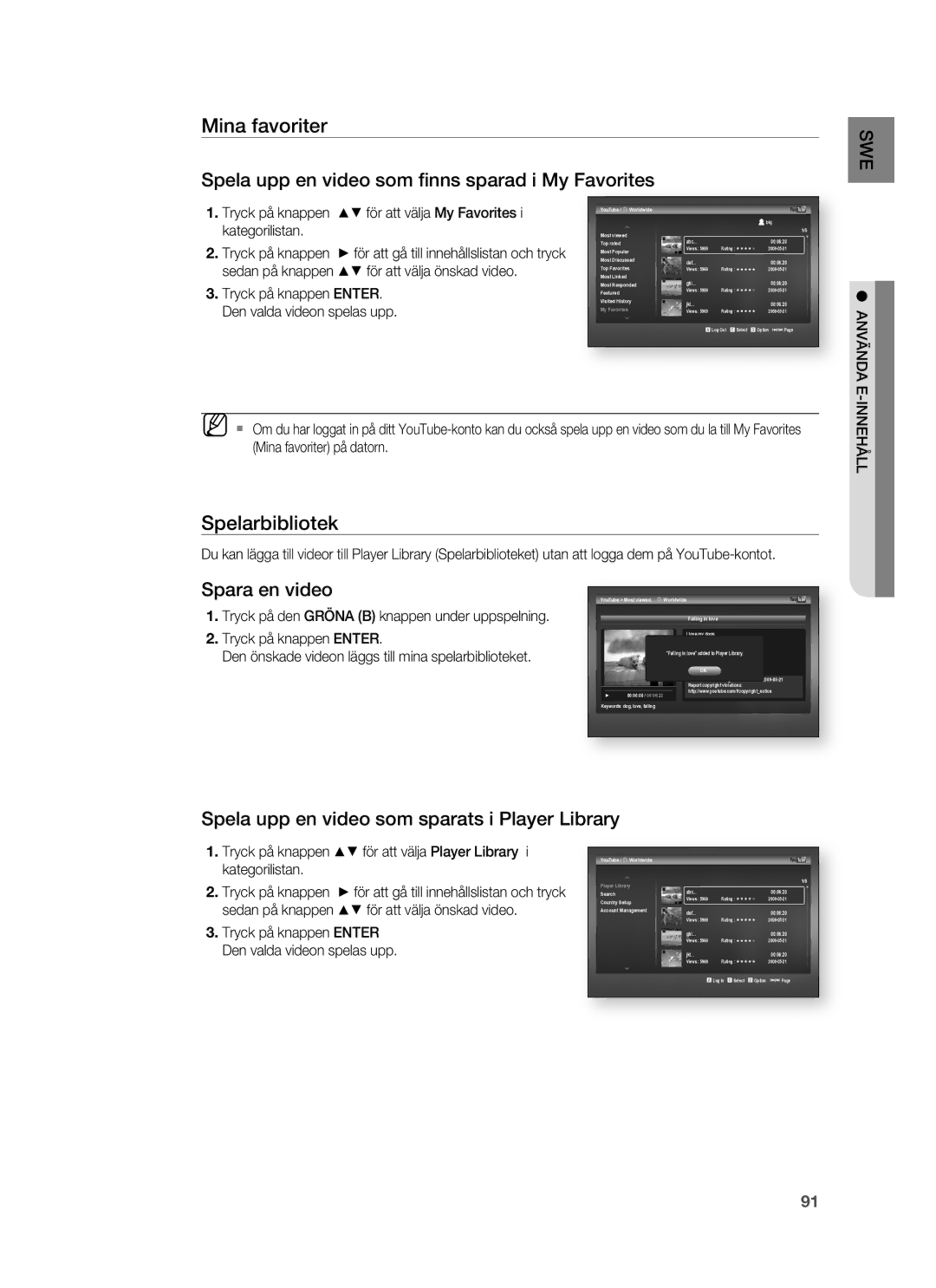 Samsung HT-BD7255R/XEE manual Spelarbibliotek, Tryck på knappen för att välja My Favorites i kategorilistan 