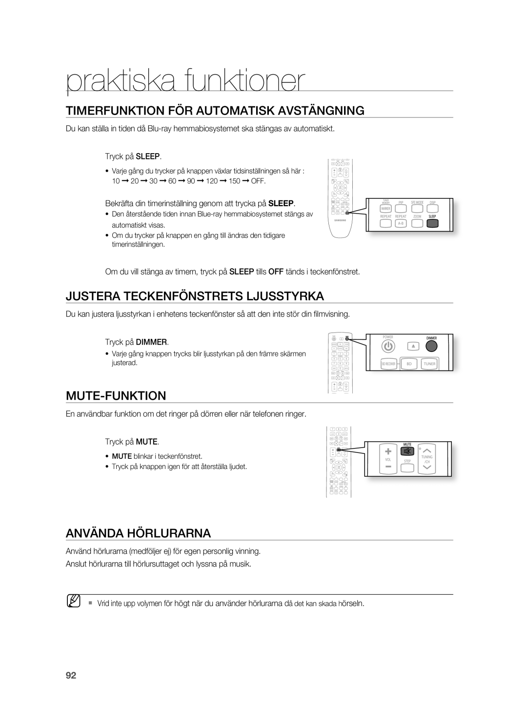 Samsung HT-BD7255R/XEE Praktiska funktioner, Timerfunktion FÖR Automatisk Avstängning, Justera Teckenfönstrets Ljusstyrka 