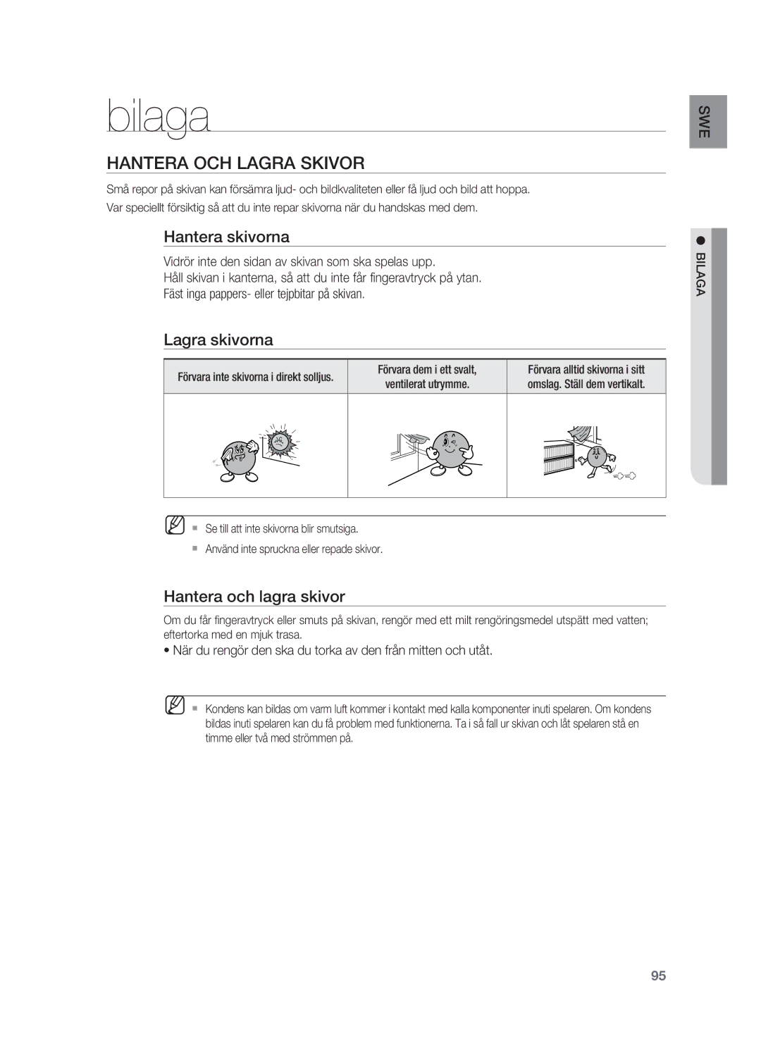 Samsung HT-BD7255R/XEE manual Hantera OCH Lagra Skivor, Hantera skivorna, Lagra skivorna, Hantera och lagra skivor 