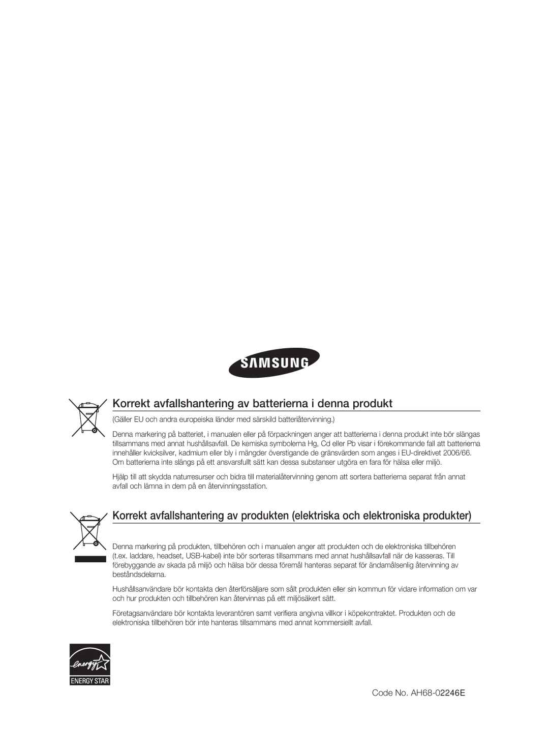 Samsung HT-BD7255R/XEE manual Korrekt avfallshantering av batterierna i denna produkt, Code No. AH68-02246E 