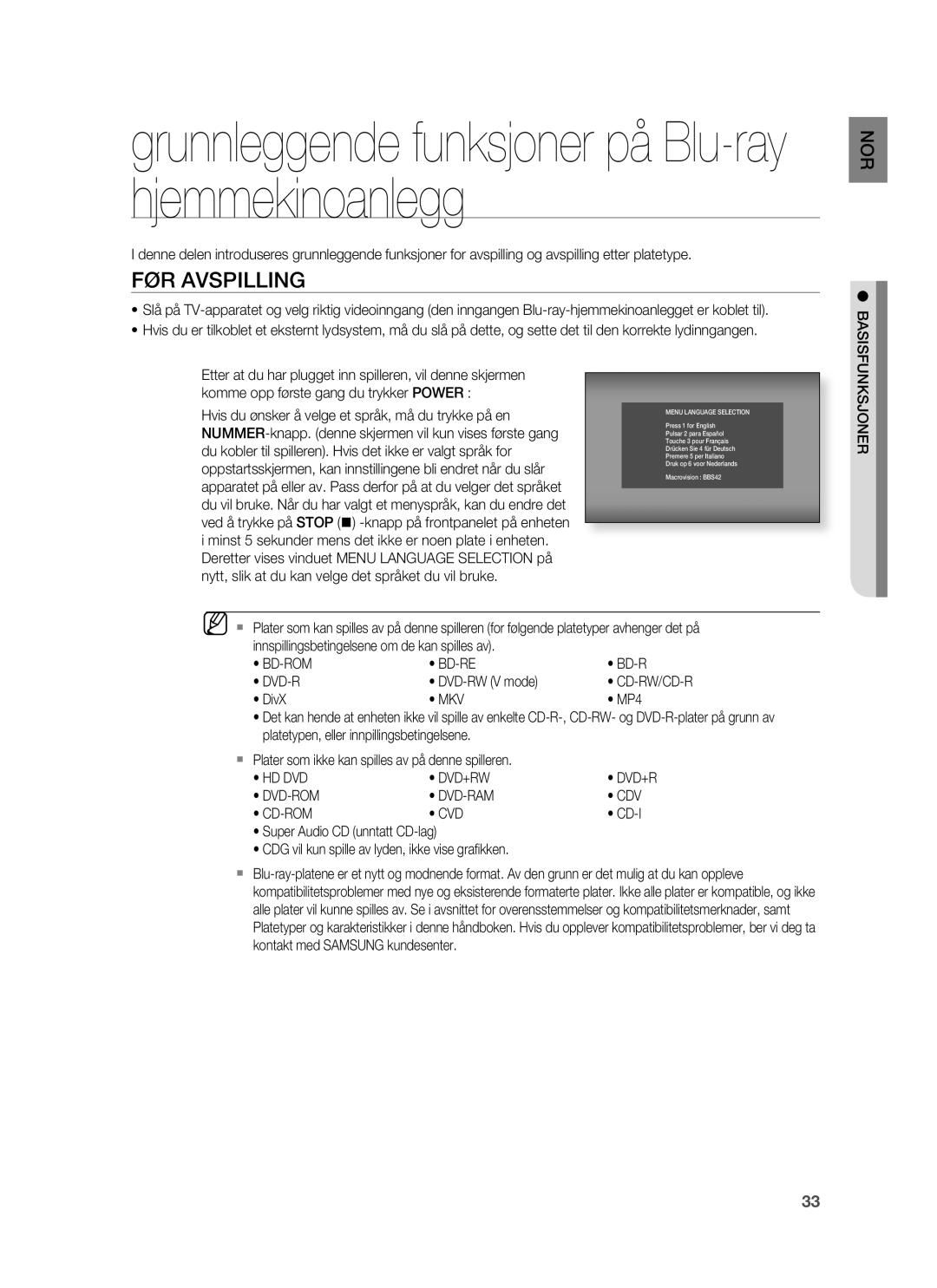 Samsung HT-BD7255R/XEE manual FØR Avspilling, Mkv, Hd Dvd Dvd+Rw, Dvd-Rom Dvd-Ram Cdv Cd-Rom Cvd, Basisfunksjoner 