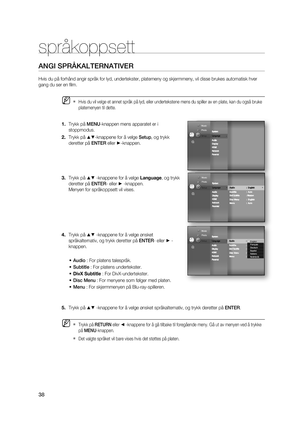 Samsung HT-BD7255R/XEE manual Språkoppsett, Angi Språkalternativer, Audio For platens talespråk 