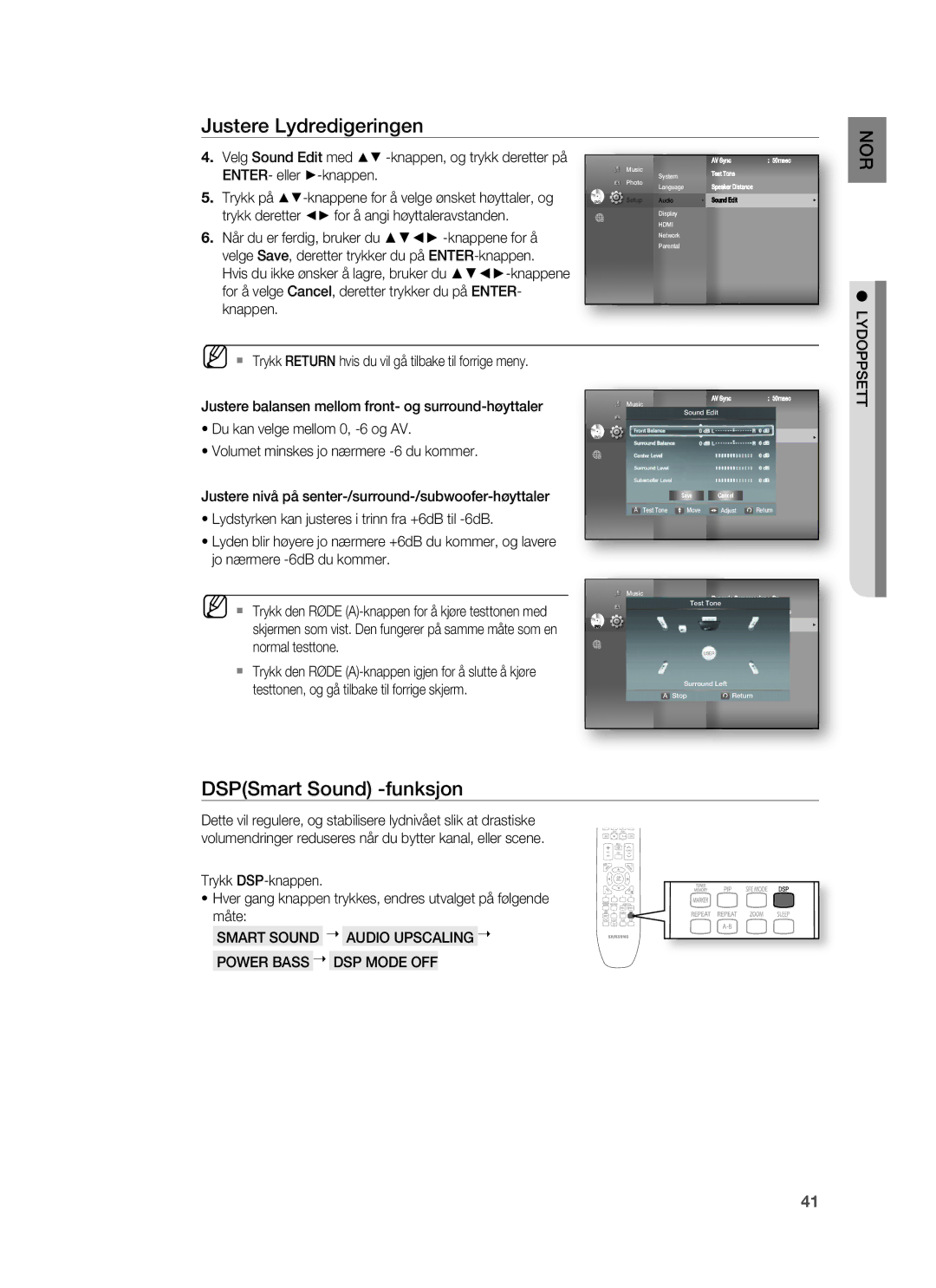 Samsung HT-BD7255R/XEE manual DSPSmart Sound -funksjon, ENTER- eller -knappen, Trykk deretter for å angi høyttaleravstanden 