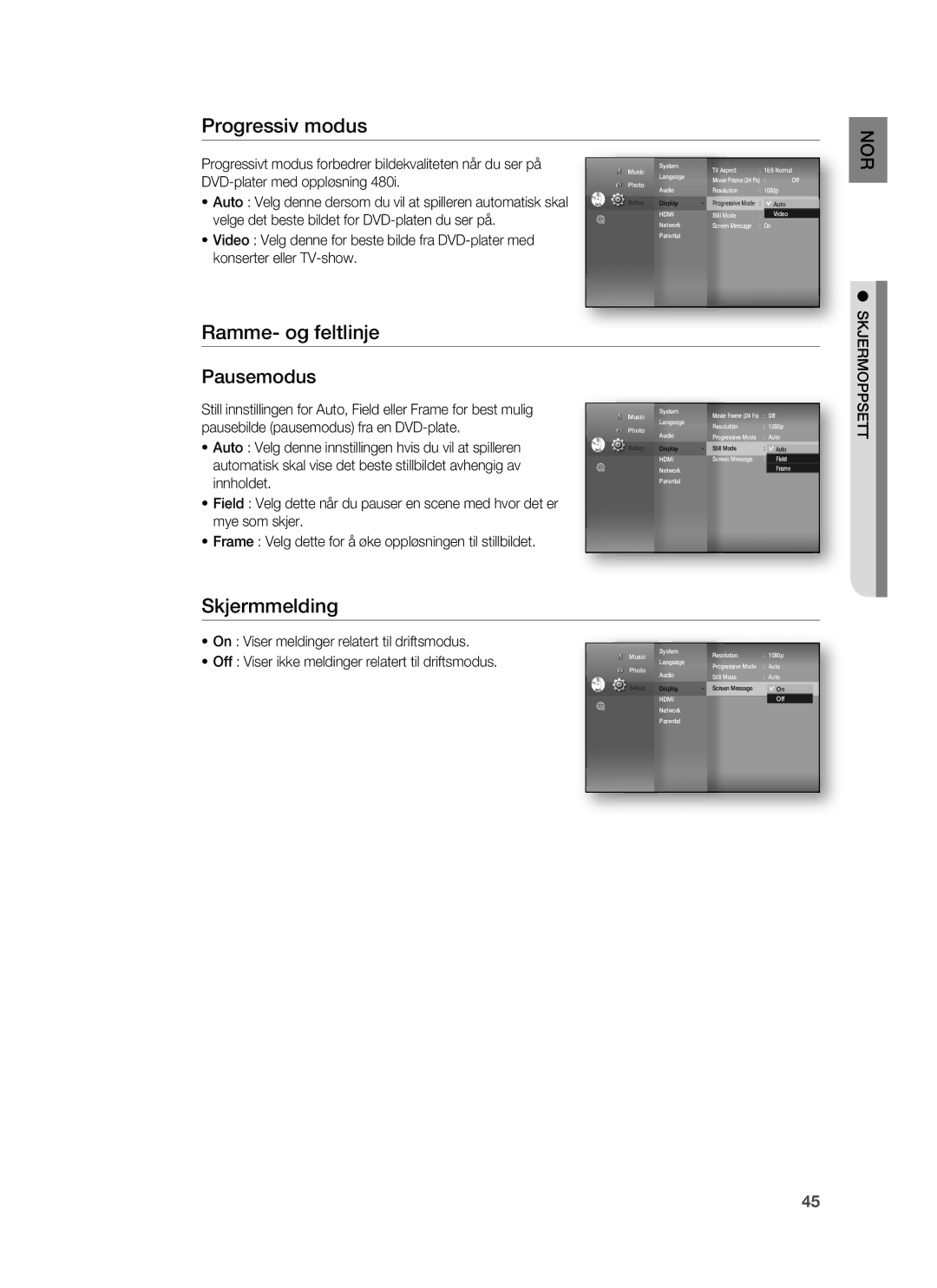 Samsung HT-BD7255R/XEE manual Progressiv modus, Ramme- og feltlinje, Skjermmelding, Skjermoppsett 