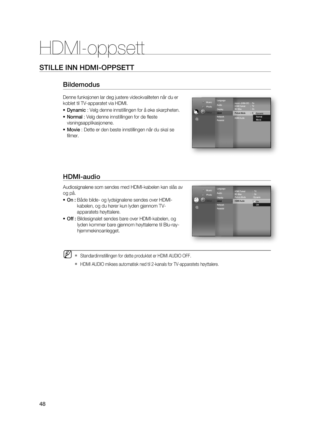 Samsung HT-BD7255R/XEE manual Bildemodus, HDMI-audio 