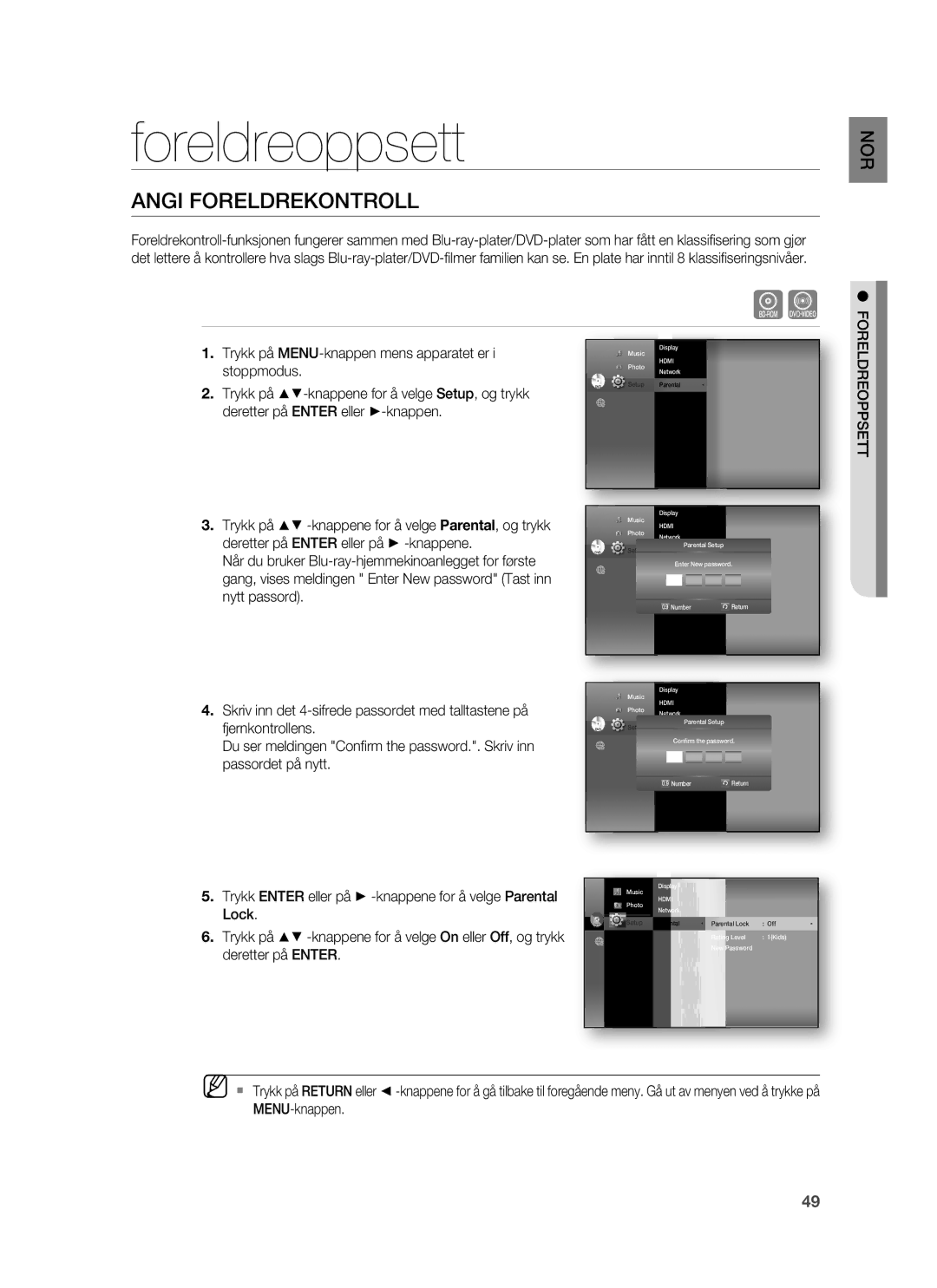 Samsung HT-BD7255R/XEE manual Foreldreoppsett, Angi Foreldrekontroll 