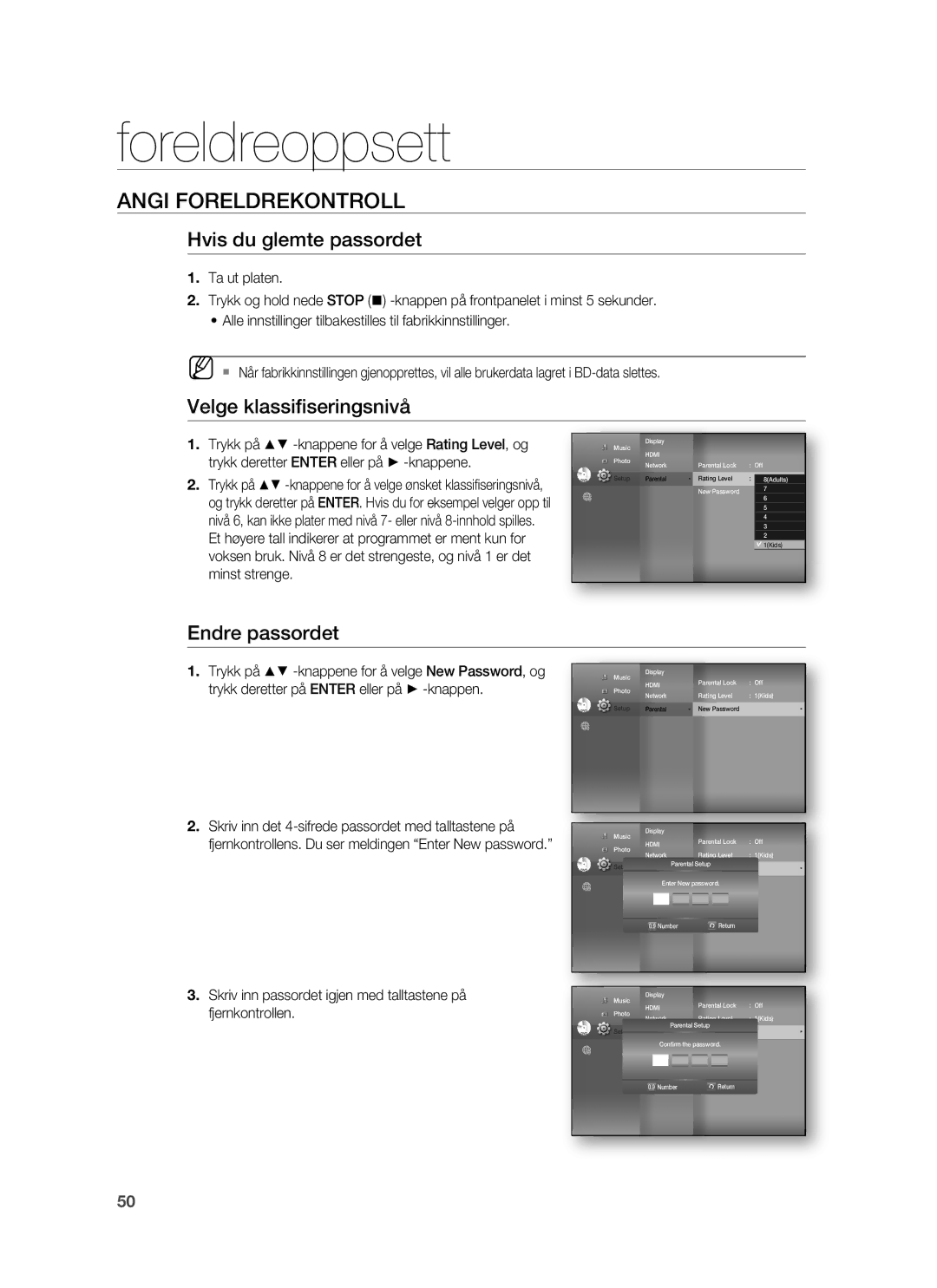 Samsung HT-BD7255R/XEE manual Hvis du glemte passordet, Velge klassiﬁseringsnivå, Endre passordet 