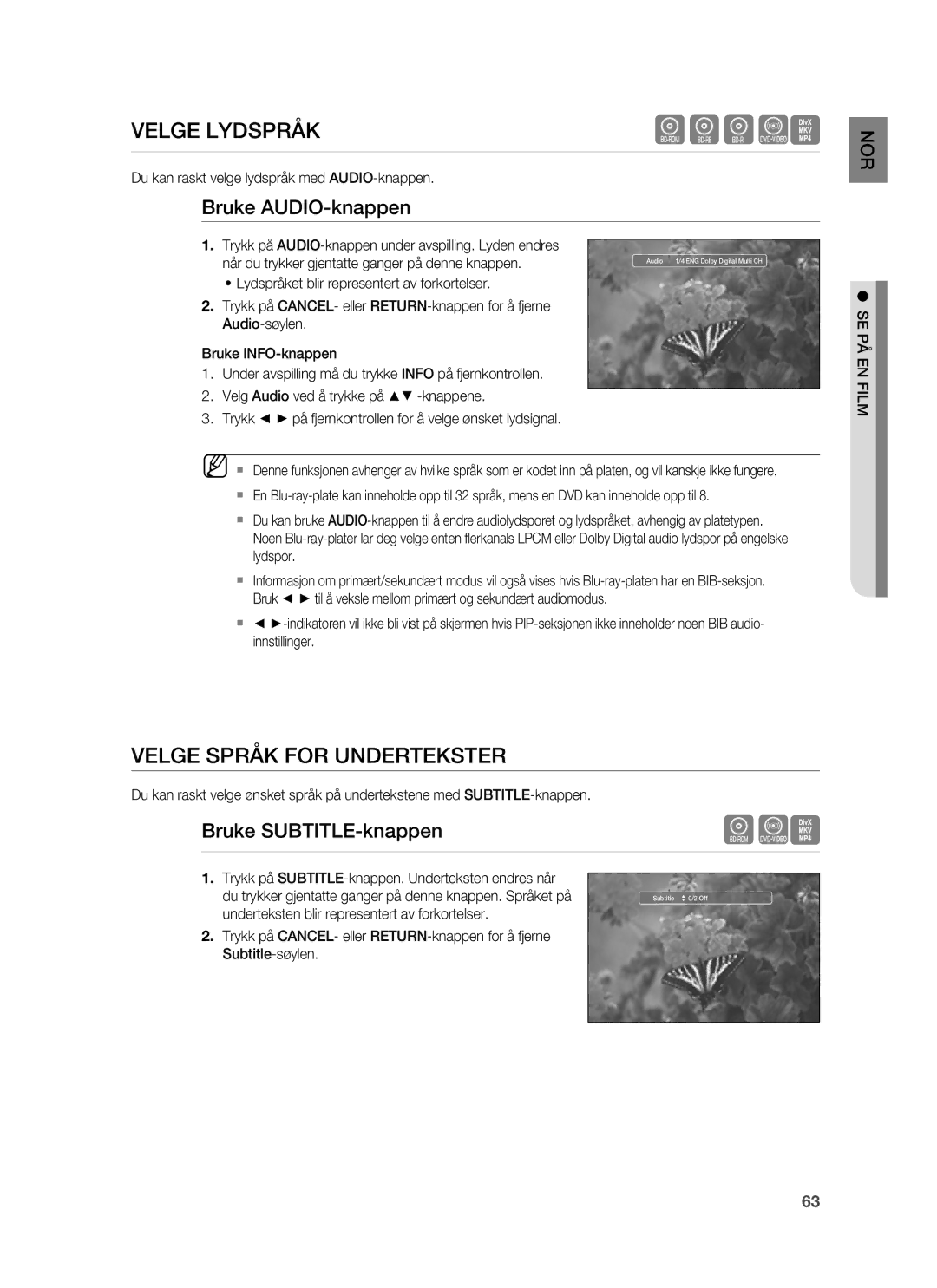 Samsung HT-BD7255R/XEE manual Velge Lydspråk, Velge Språk for Undertekster, Bruke AUDIO-knappen, Bruke SUBTITLE-knappen 