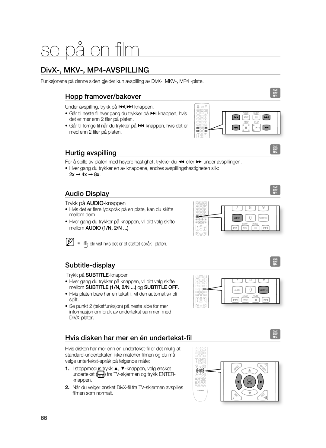 Samsung HT-BD7255R/XEE manual Hopp framover/bakover, Hurtig avspilling, Audio Display, Subtitle-display 