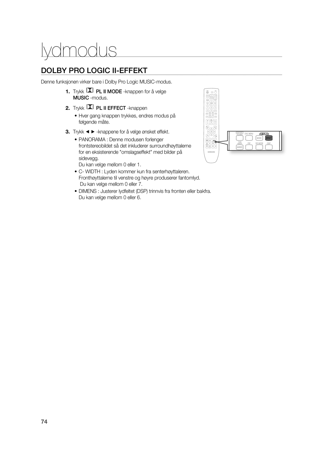 Samsung HT-BD7255R/XEE manual Dolby PRO Logic II-EFFEKT 