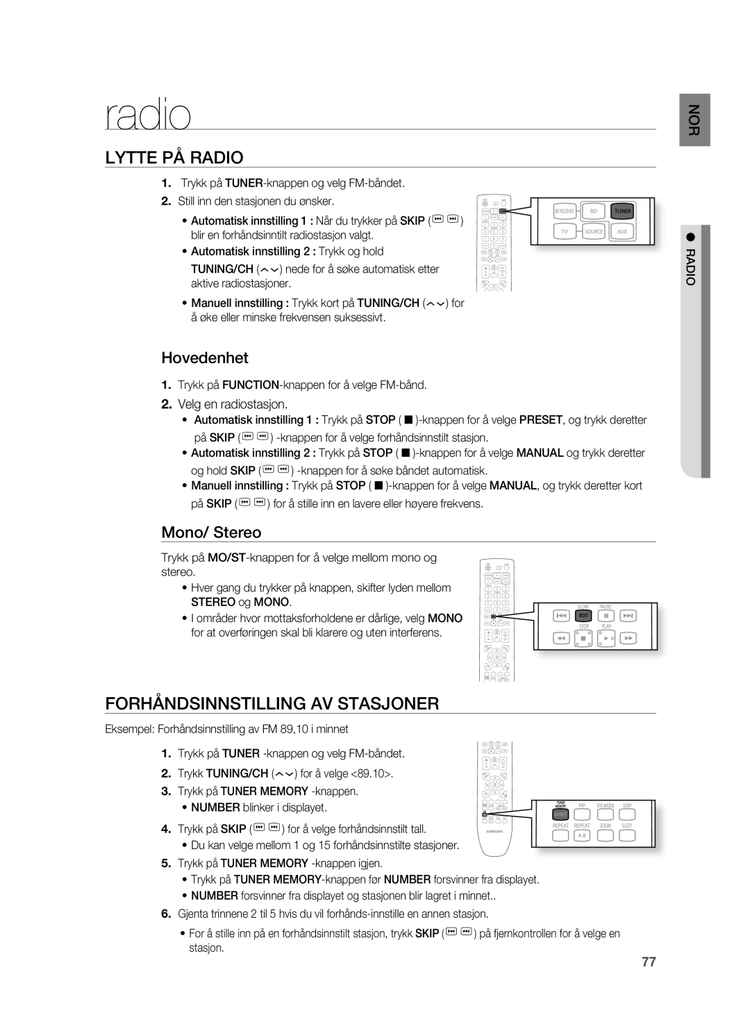 Samsung HT-BD7255R/XEE manual Lytte PÅ Radio, Forhåndsinnstilling AV Stasjoner, Hovedenhet, Mono/ Stereo 