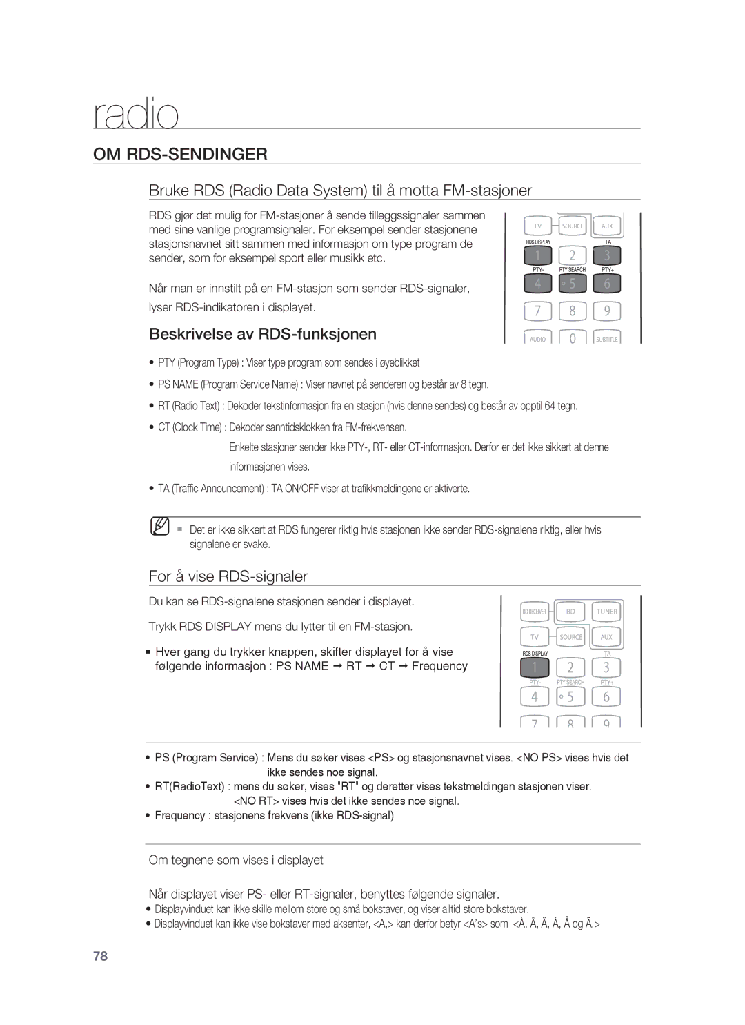 Samsung HT-BD7255R/XEE Om Rds-Sendinger, Bruke RDS Radio Data System til å motta FM-stasjoner, For å vise RDS-signaler 