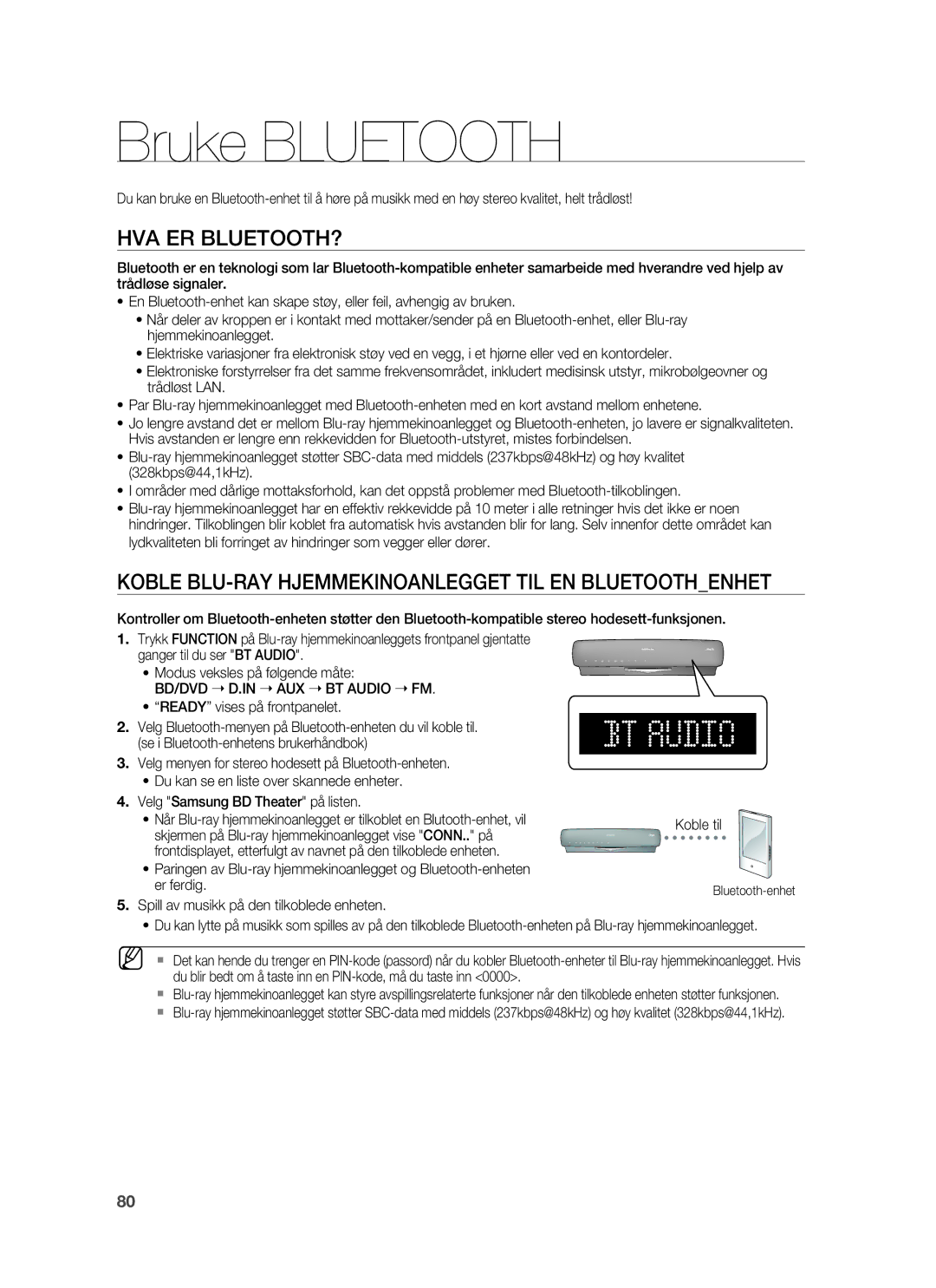 Samsung HT-BD7255R/XEE manual Bruke Bluetooth, Hva Er Bluetooth?, Koble BLU-RAY Hjemmekinoanlegget TIL EN Bluetoothenhet 