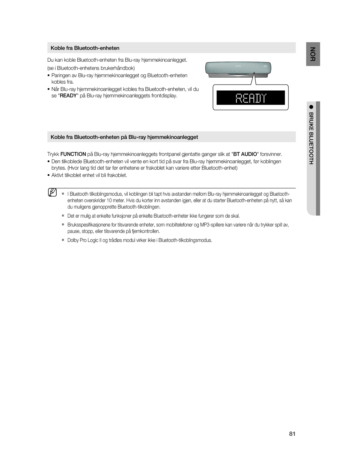 Samsung HT-BD7255R/XEE manual Aktivt tilkoblet enhet vil bli frakoblet, Bruke Bluetooth 