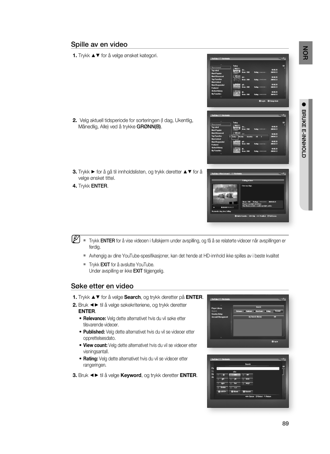 Samsung HT-BD7255R/XEE manual Spille av en video, Søke etter en video, Bruk til å velge søkekriteriene, og trykk deretter 